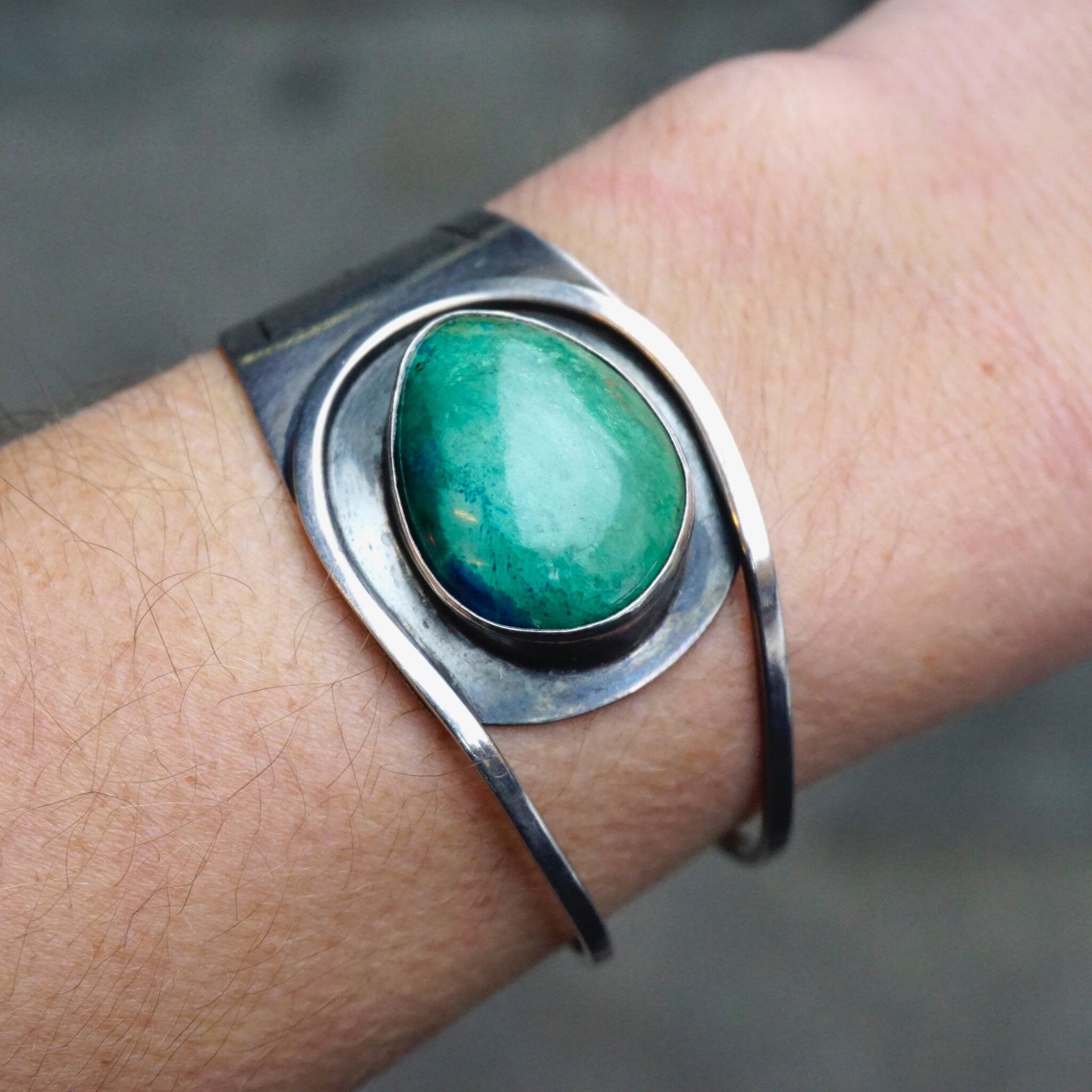 Vintage Silver Cut Out Cuff With Turquoise Stone, Abstract Silver Bracelet With Natural Turquoise, Native American Jewelry, 925
