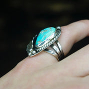 Vintage Turquoise and Sterling Silver Ring, Navajo Ring With Natural Turquoise and Silver Leaf/Feather, Native American Jewelry, 925