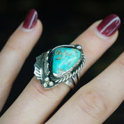Vintage Turquoise and Sterling Silver Ring, Navajo Ring With Natural Turquoise and Silver Leaf/Feather, Native American Jewelry, 925