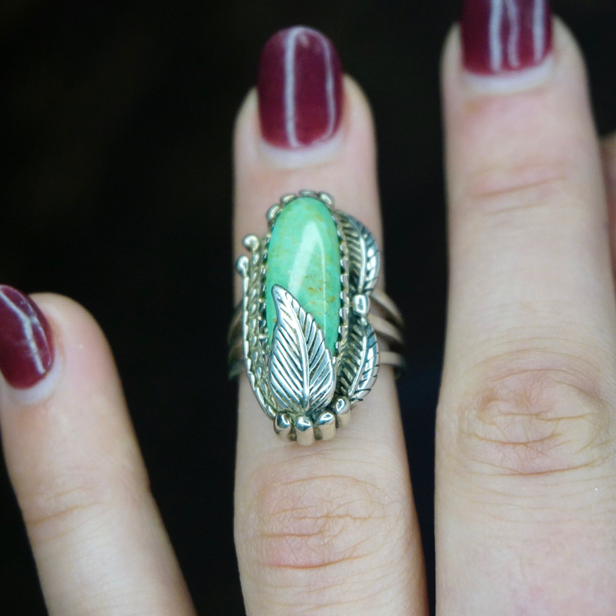 Vintage Turquoise And Silver Ring, Navajo Ring With Silver Feather/Leaf Design, Light Green Turquoise Ring, Natural Turquoise, Foster 925