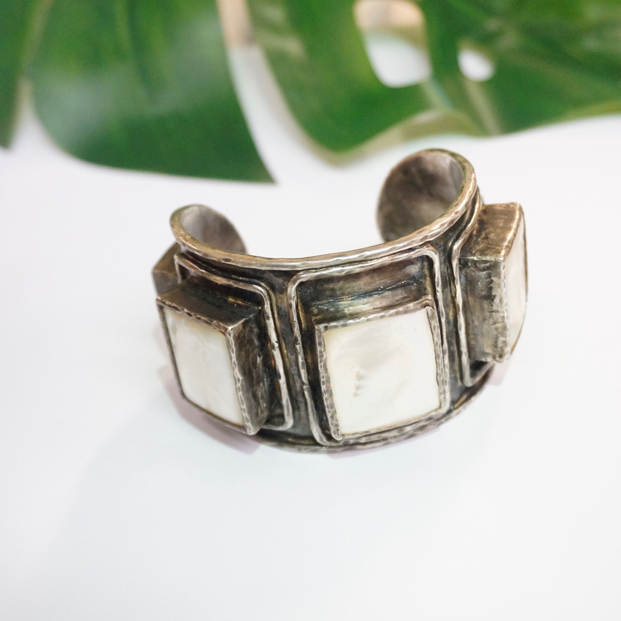 Vintage Mother of Pearl and Silver Bracelet Cuff, Brutalist 3D Cuff With 5 Beveled Cuts of Mother of Pearl, Heavy/Thick Silver Bracelet Cuff