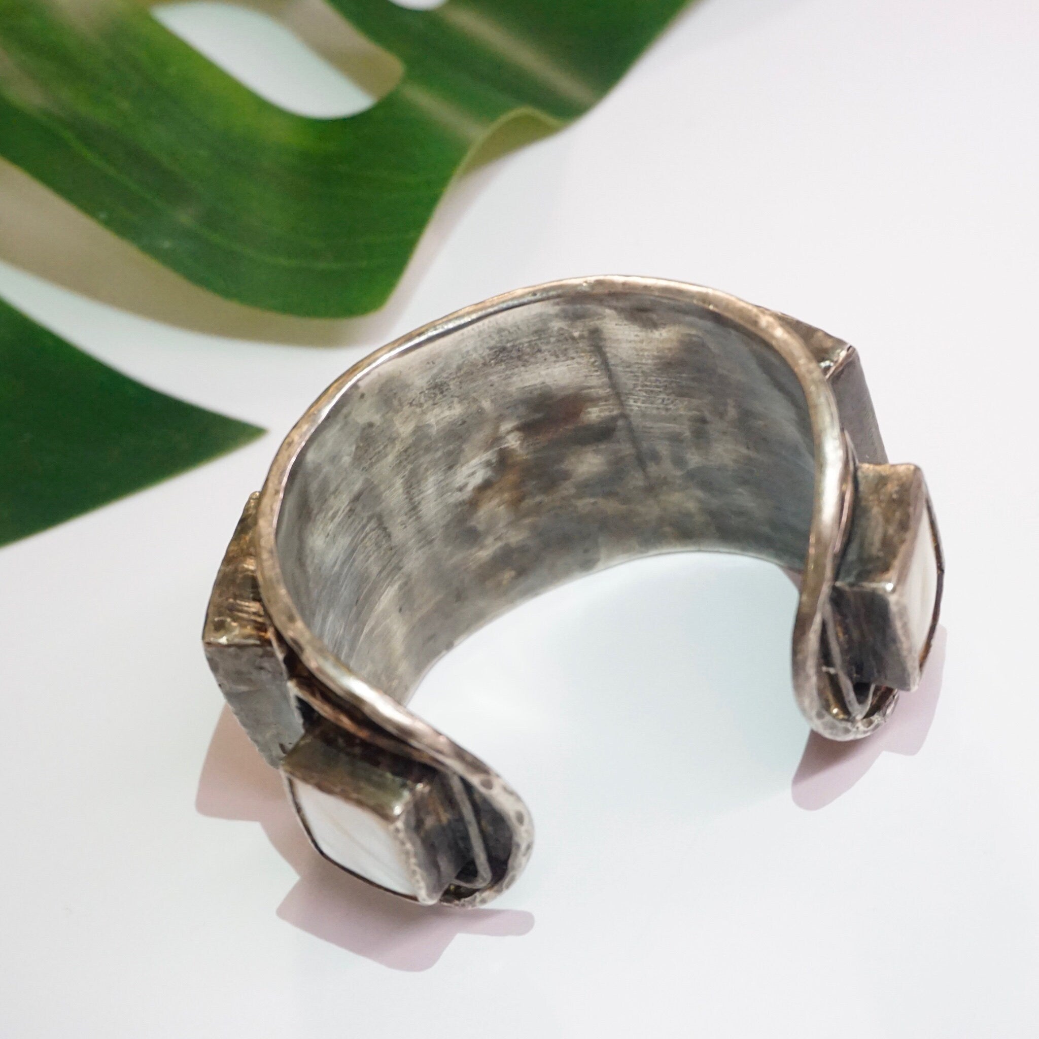 Vintage Mother of Pearl and Silver Bracelet Cuff, Brutalist 3D Cuff With 5 Beveled Cuts of Mother of Pearl, Heavy/Thick Silver Bracelet Cuff