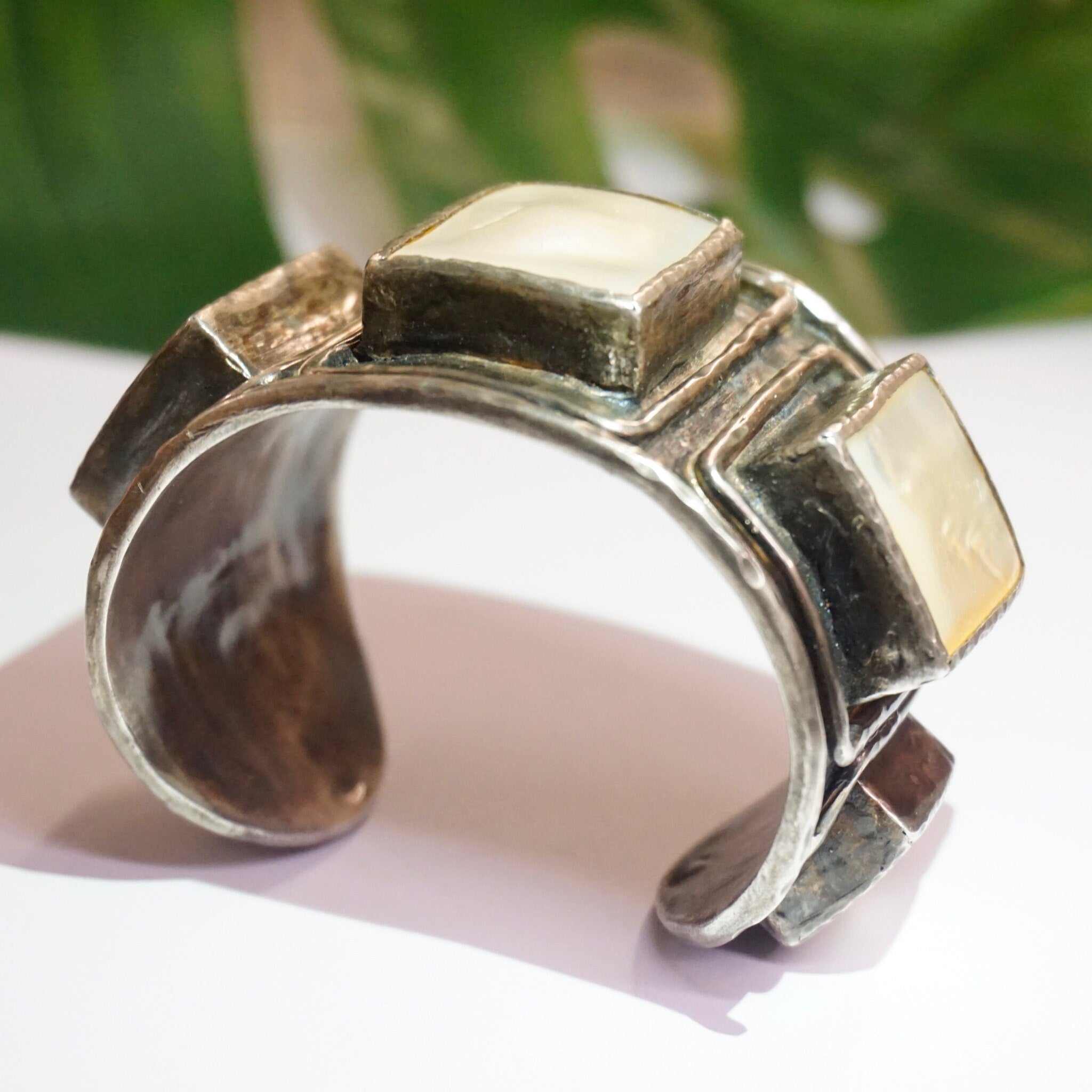 Vintage Mother of Pearl and Silver Bracelet Cuff, Brutalist 3D Cuff With 5 Beveled Cuts of Mother of Pearl, Heavy/Thick Silver Bracelet Cuff