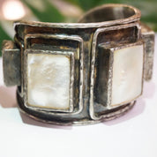 Vintage Mother of Pearl and Silver Bracelet Cuff, Brutalist 3D Cuff With 5 Beveled Cuts of Mother of Pearl, Heavy/Thick Silver Bracelet Cuff