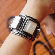 Vintage Mother of Pearl and Silver Bracelet Cuff, Brutalist 3D Cuff With 5 Beveled Cuts of Mother of Pearl, Heavy/Thick Silver Bracelet Cuff