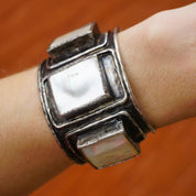 Vintage Mother of Pearl and Silver Bracelet Cuff, Brutalist 3D Cuff With 5 Beveled Cuts of Mother of Pearl, Heavy/Thick Silver Bracelet Cuff