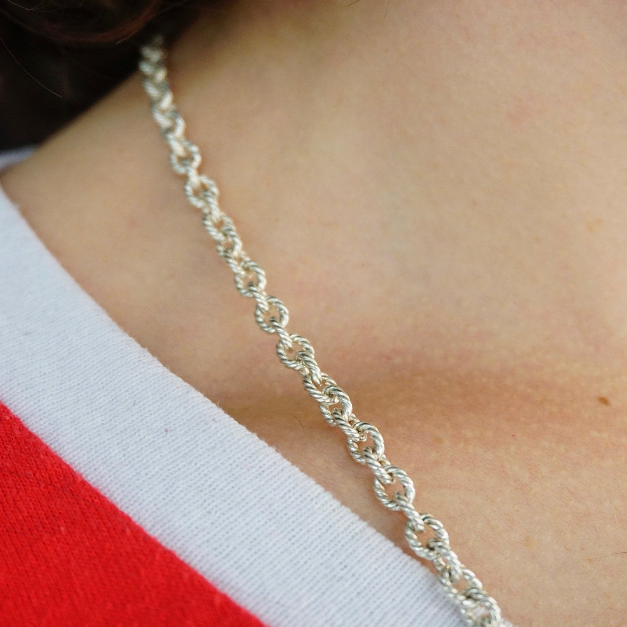 Vintage Sterling Silver Cable Chain, Icy Silver Circle Chain Made In Italy, Silver Weave Detail Cable Chain, Unisex Sterling Silver Chain