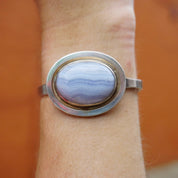 Vintage Blue Lace Agate Sterling Silver Bracelet, Silver Bracelet With Raised Blue Stone, Leenhardt Geneve Silver Bracelet, 925 Jewelry,