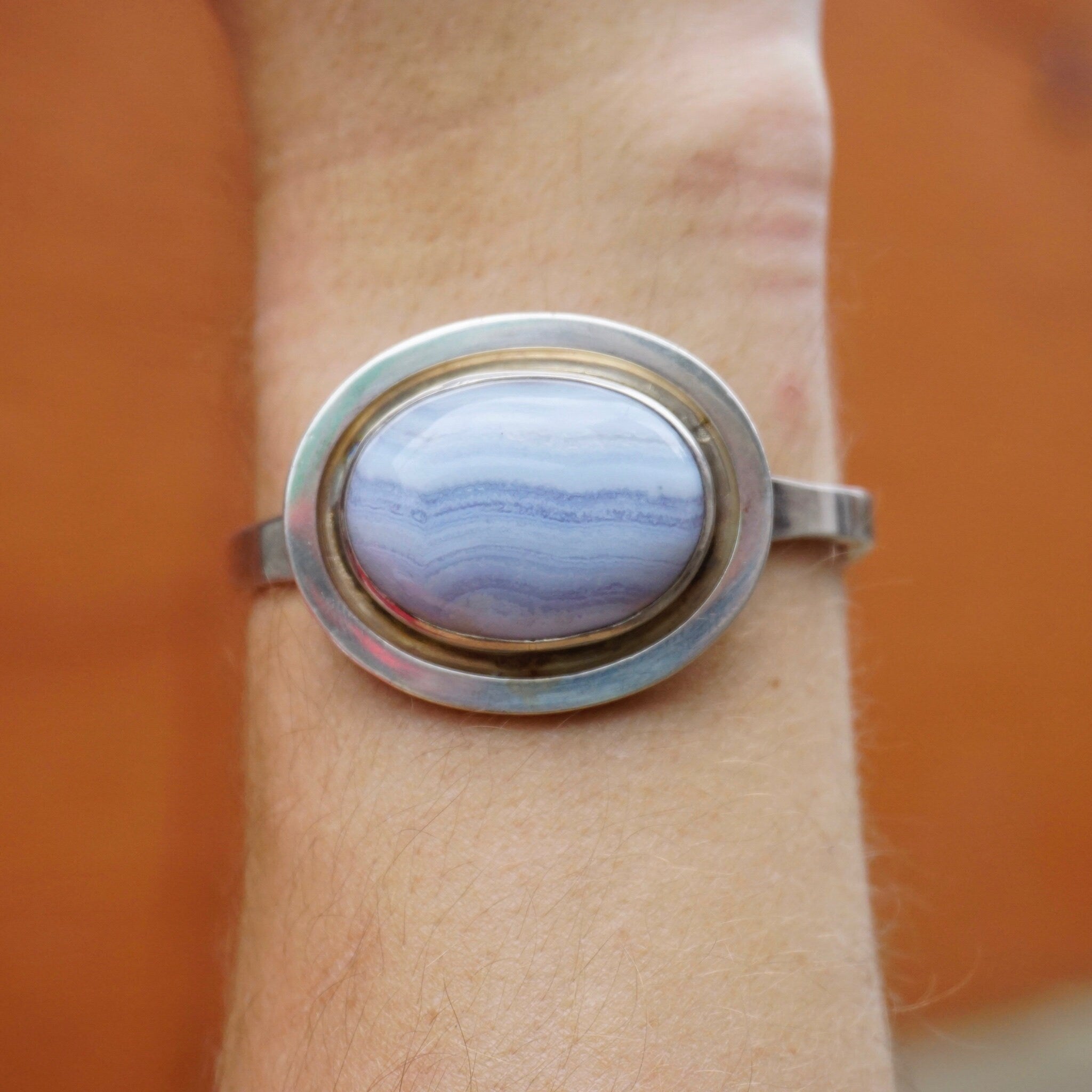 Vintage Blue Lace Agate Sterling Silver Bracelet, Silver Bracelet With Raised Blue Stone, Leenhardt Geneve Silver Bracelet, 925 Jewelry,