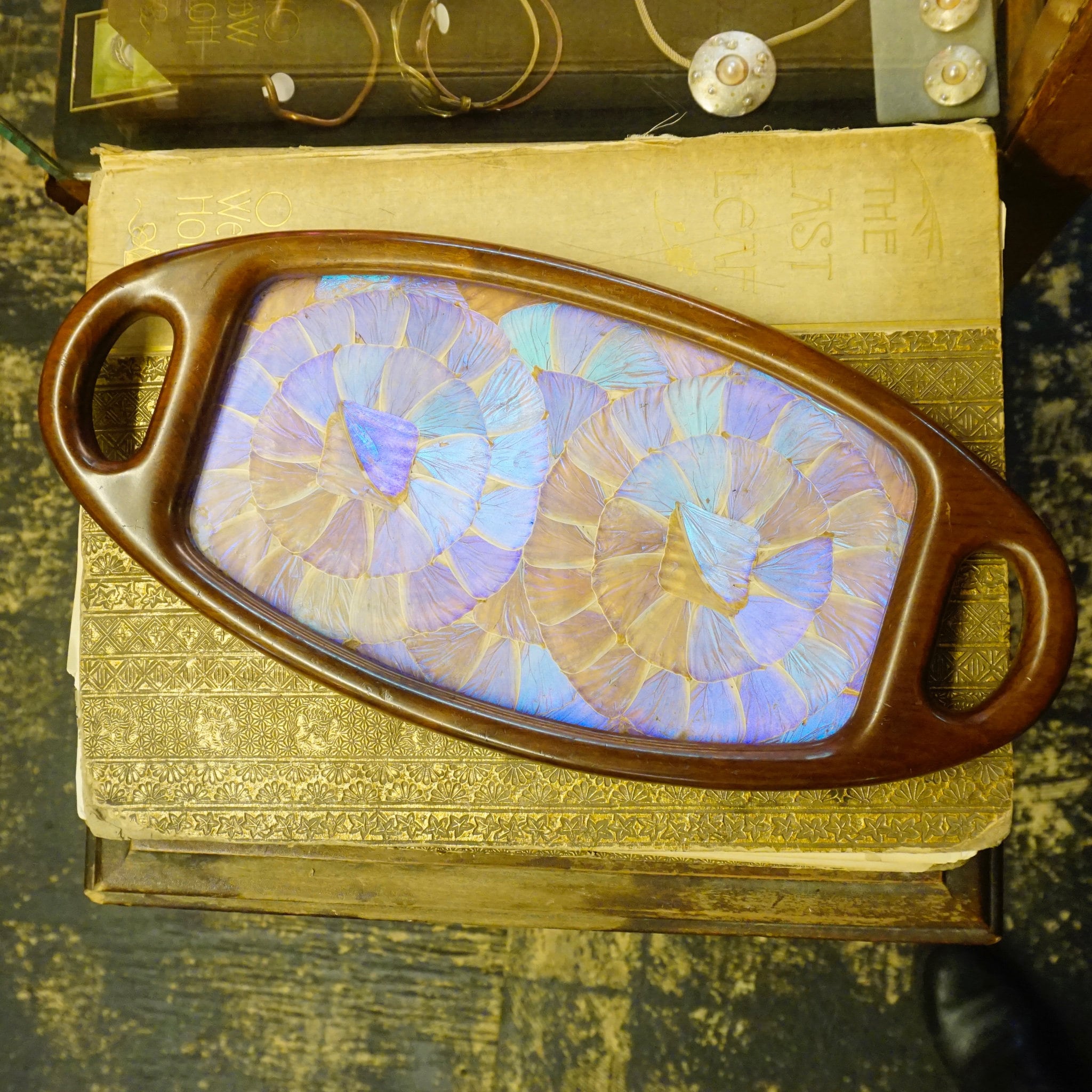 Vintage Art Deco Inlaid Butterfly Wing Tray, Iridescent Butterfly Wing Table Top Tray, Unique Handmade Tray With Inlaid Butterfly Wings