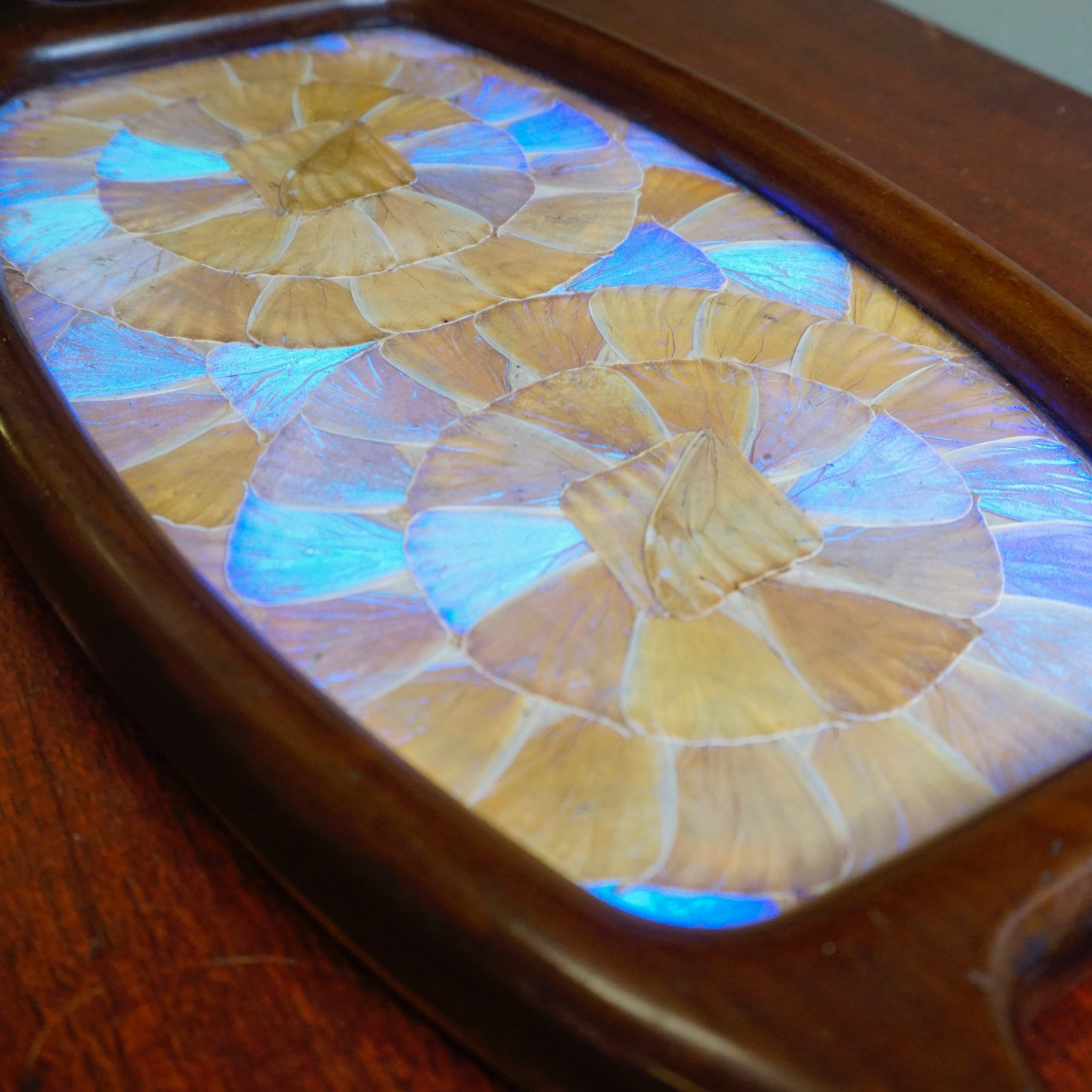 Vintage Art Deco Inlaid Butterfly Wing Tray, Iridescent Butterfly Wing Table Top Tray, Unique Handmade Tray With Inlaid Butterfly Wings