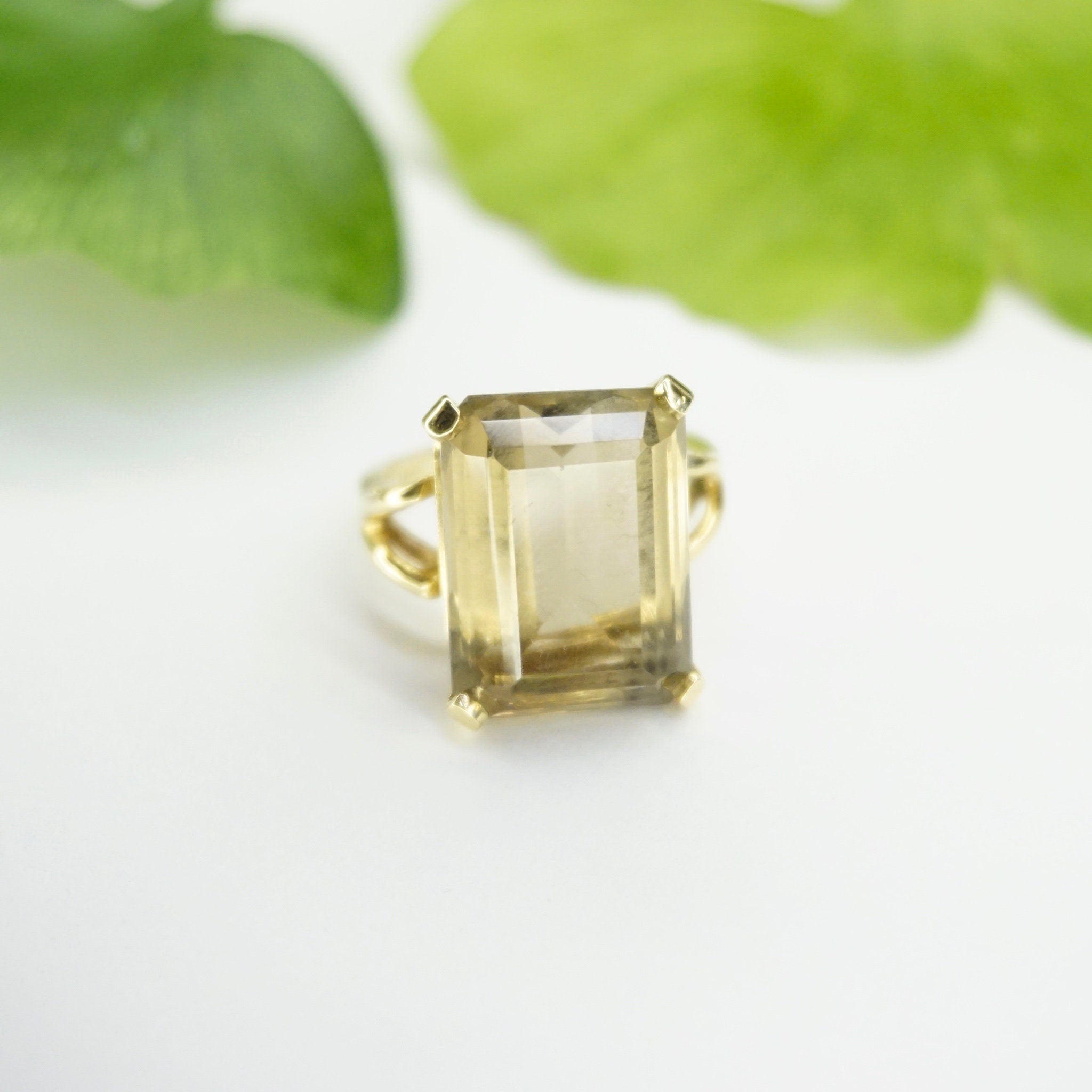 Vintage 14K Gold Smoky Quartz/Citrine Ring, Gold Cocktail Ring With Emerald Cut Stone, Champagne Color Stone Ring With 14K Gold Setting