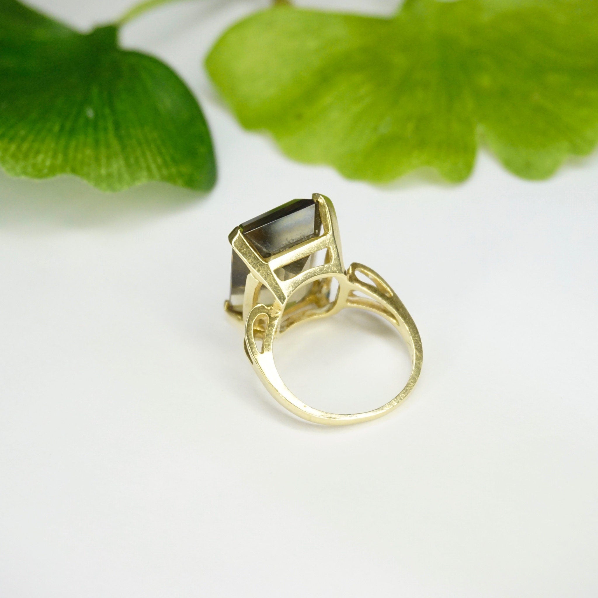 Vintage 14K Gold Smoky Quartz/Citrine Ring, Gold Cocktail Ring With Emerald Cut Stone, Champagne Color Stone Ring With 14K Gold Setting