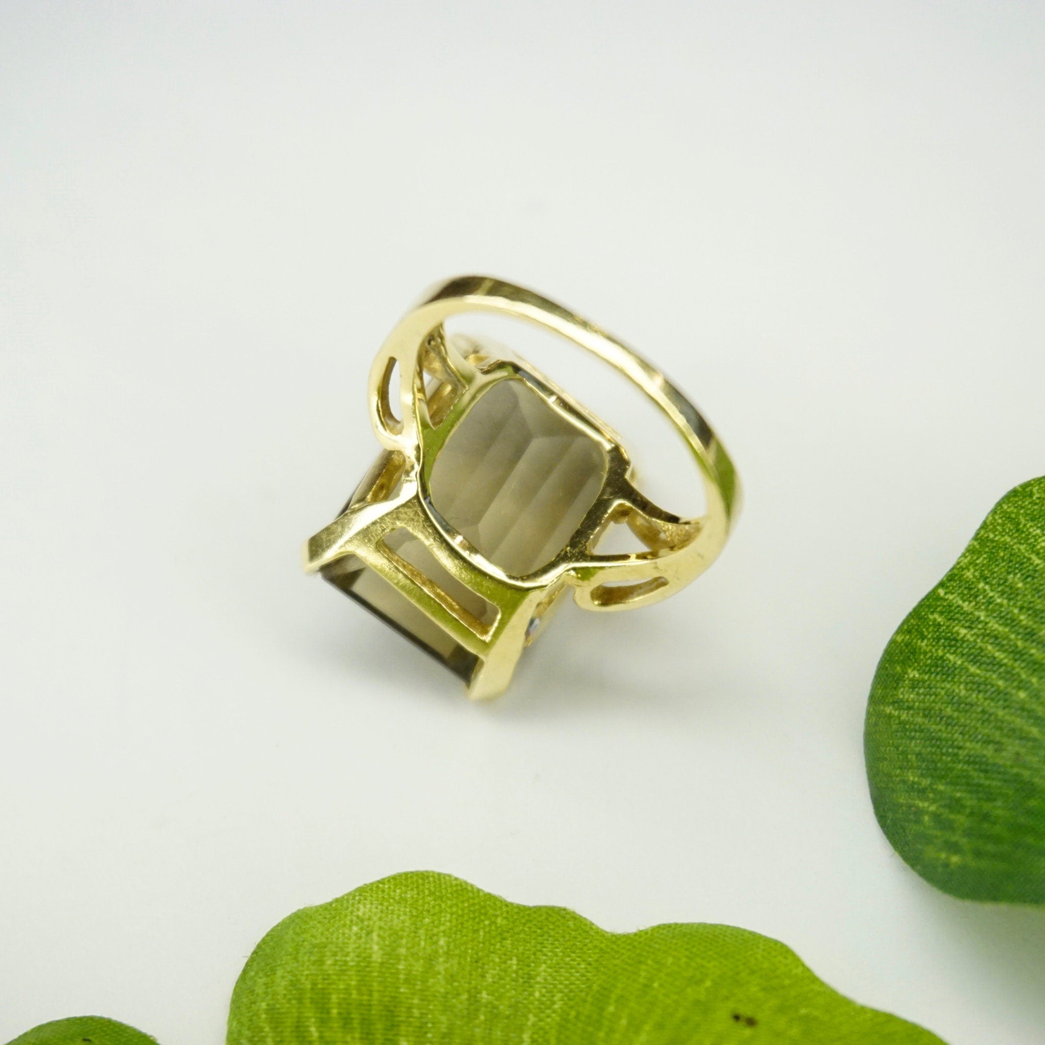 Vintage 14K Gold Smoky Quartz/Citrine Ring, Gold Cocktail Ring With Emerald Cut Stone, Champagne Color Stone Ring With 14K Gold Setting