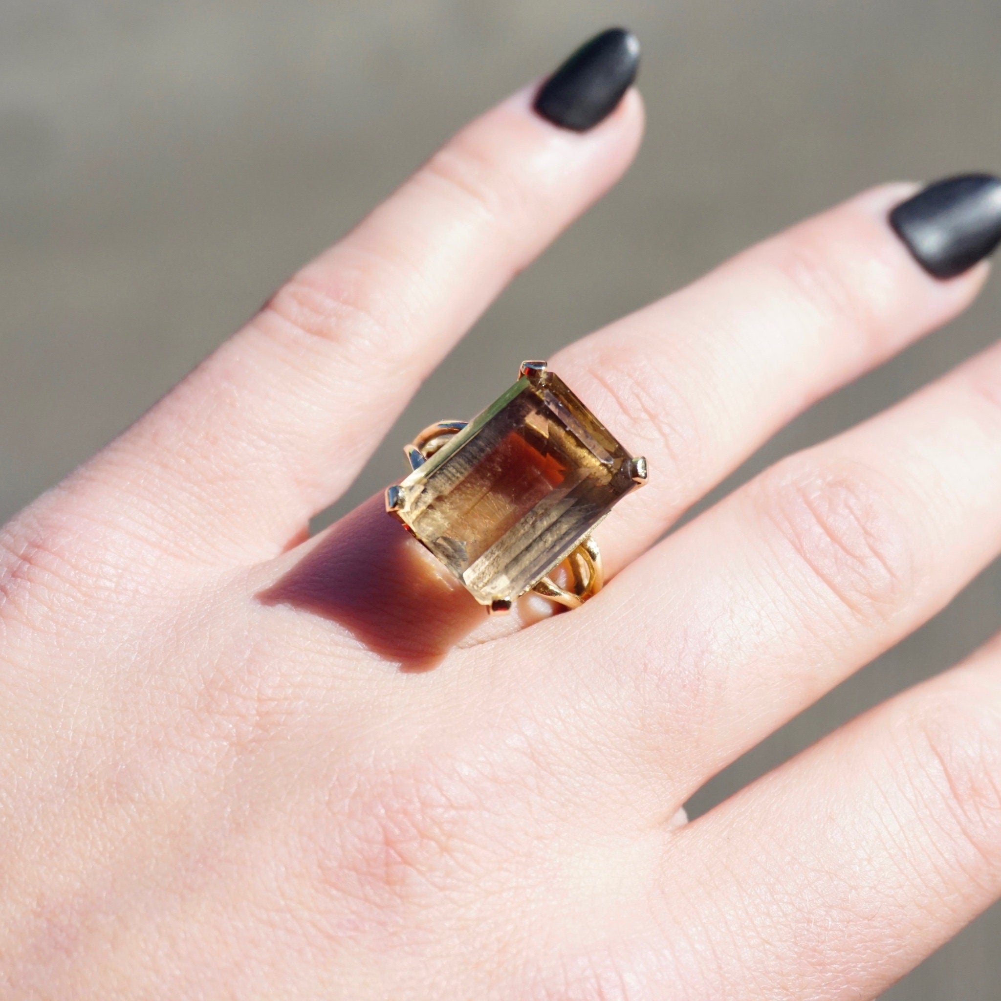 Vintage 14K Gold Smoky Quartz/Citrine Ring, Gold Cocktail Ring With Emerald Cut Stone, Champagne Color Stone Ring With 14K Gold Setting
