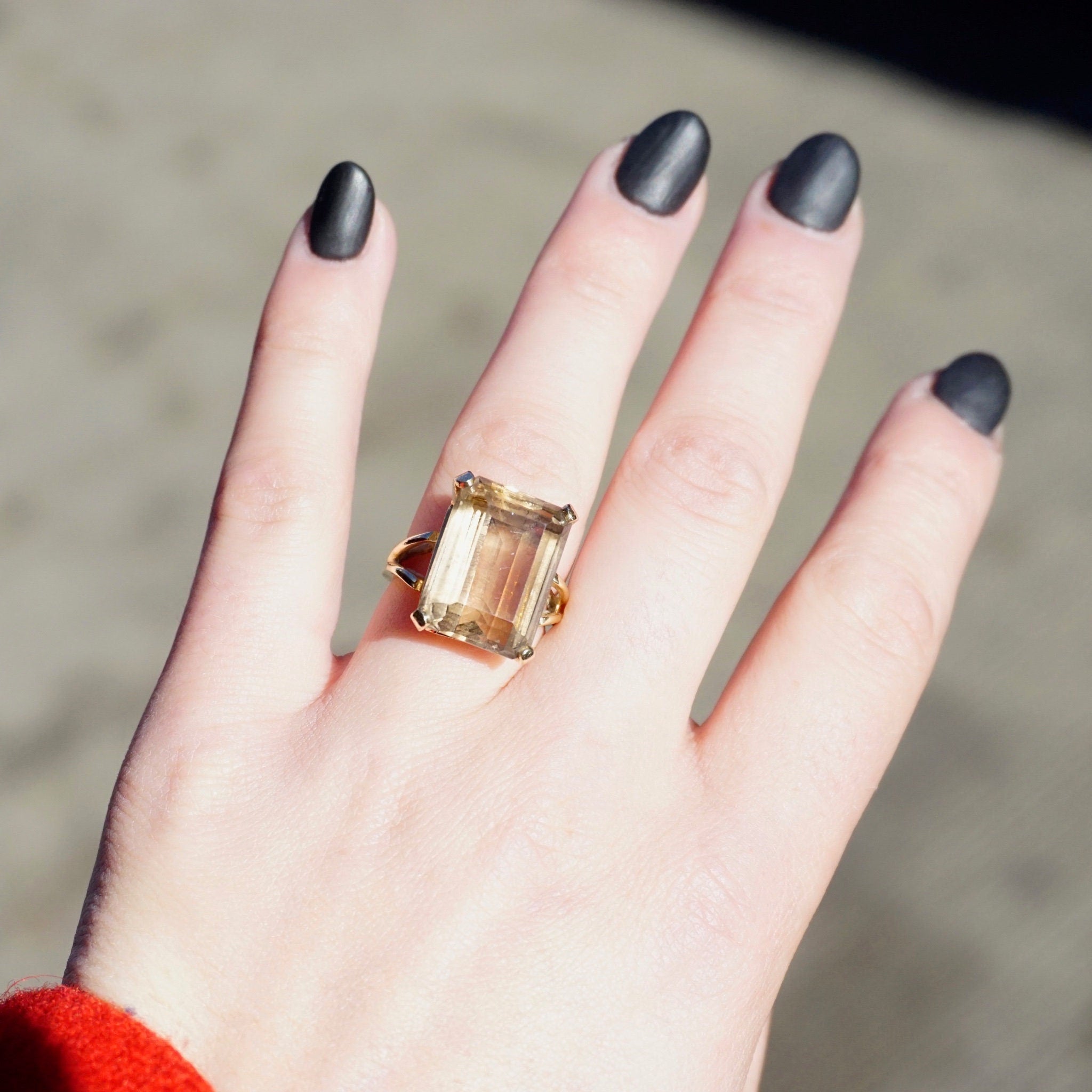Vintage 14K Gold Smoky Quartz/Citrine Ring, Gold Cocktail Ring With Emerald Cut Stone, Champagne Color Stone Ring With 14K Gold Setting