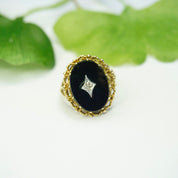 Vintage 10K Gold Onyx Ring With Accent Diamond, Gold Mourning Jewelry, Beautiful Woven Gold Ring With Black Onyx And Center Diamond, 10K