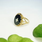 Vintage 10K Gold Onyx Ring With Accent Diamond, Gold Mourning Jewelry, Beautiful Woven Gold Ring With Black Onyx And Center Diamond, 10K