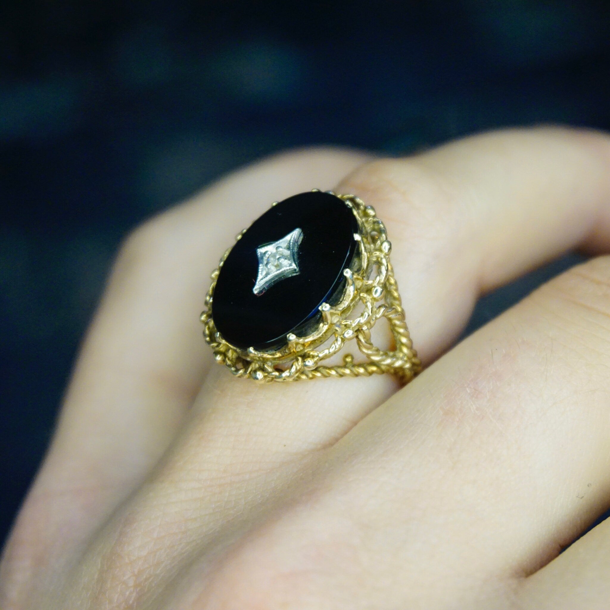 Vintage 10K Gold Onyx Ring With Accent Diamond, Gold Mourning Jewelry, Beautiful Woven Gold Ring With Black Onyx And Center Diamond, 10K