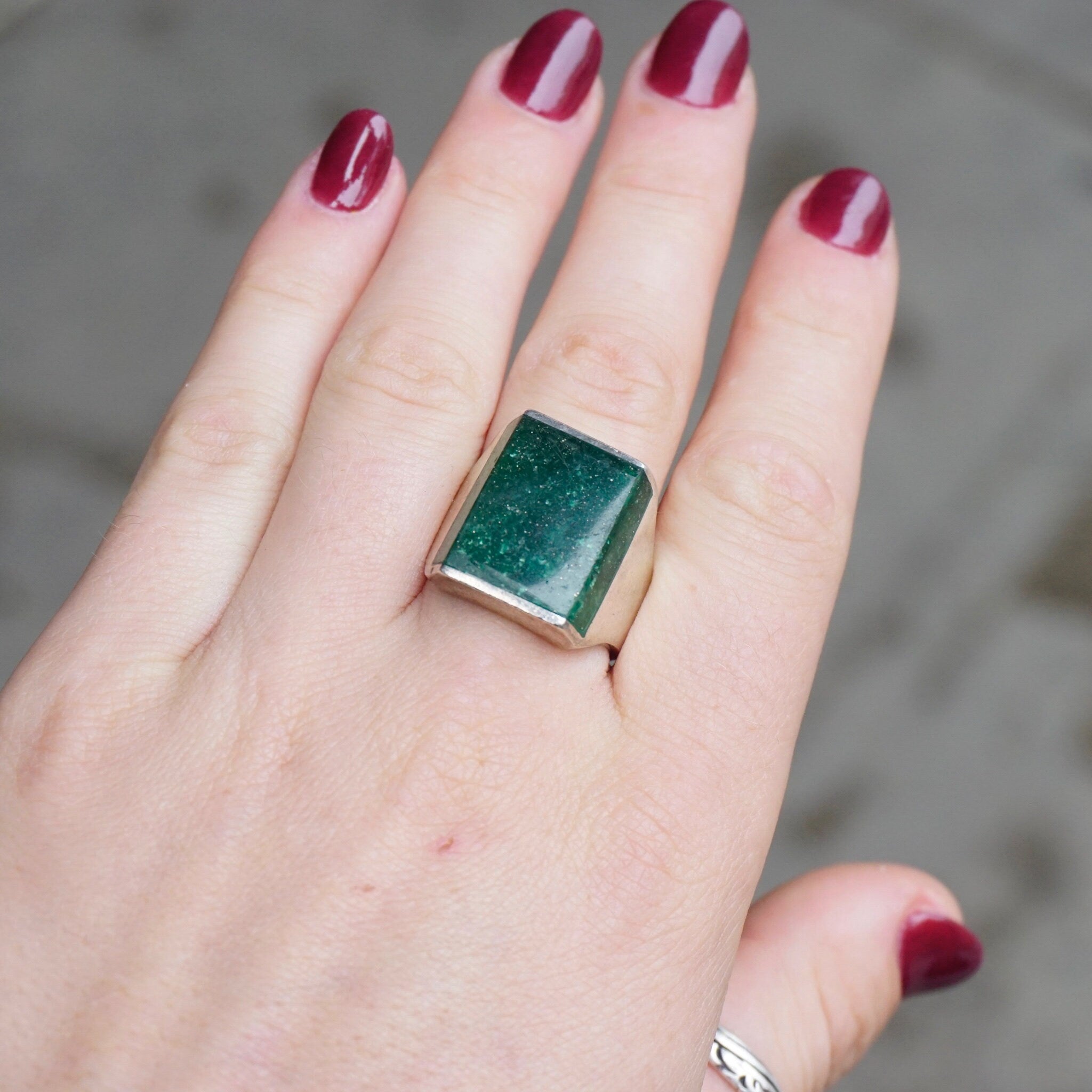 Vintage Sterling Silver Green Druzy Quartz Ring, Square Silver Ring With Finished Druzy Quartz Stone, Silver Ring With Green Stone, Mex925