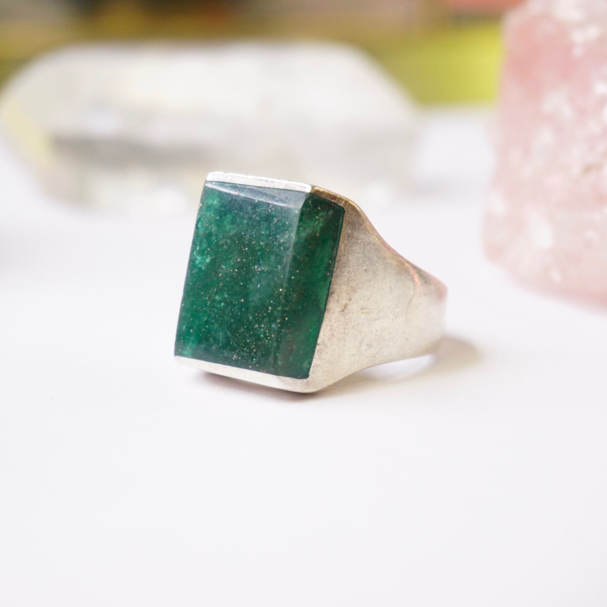 Vintage Sterling Silver Green Druzy Quartz Ring, Square Silver Ring With Finished Druzy Quartz Stone, Silver Ring With Green Stone, Mex925