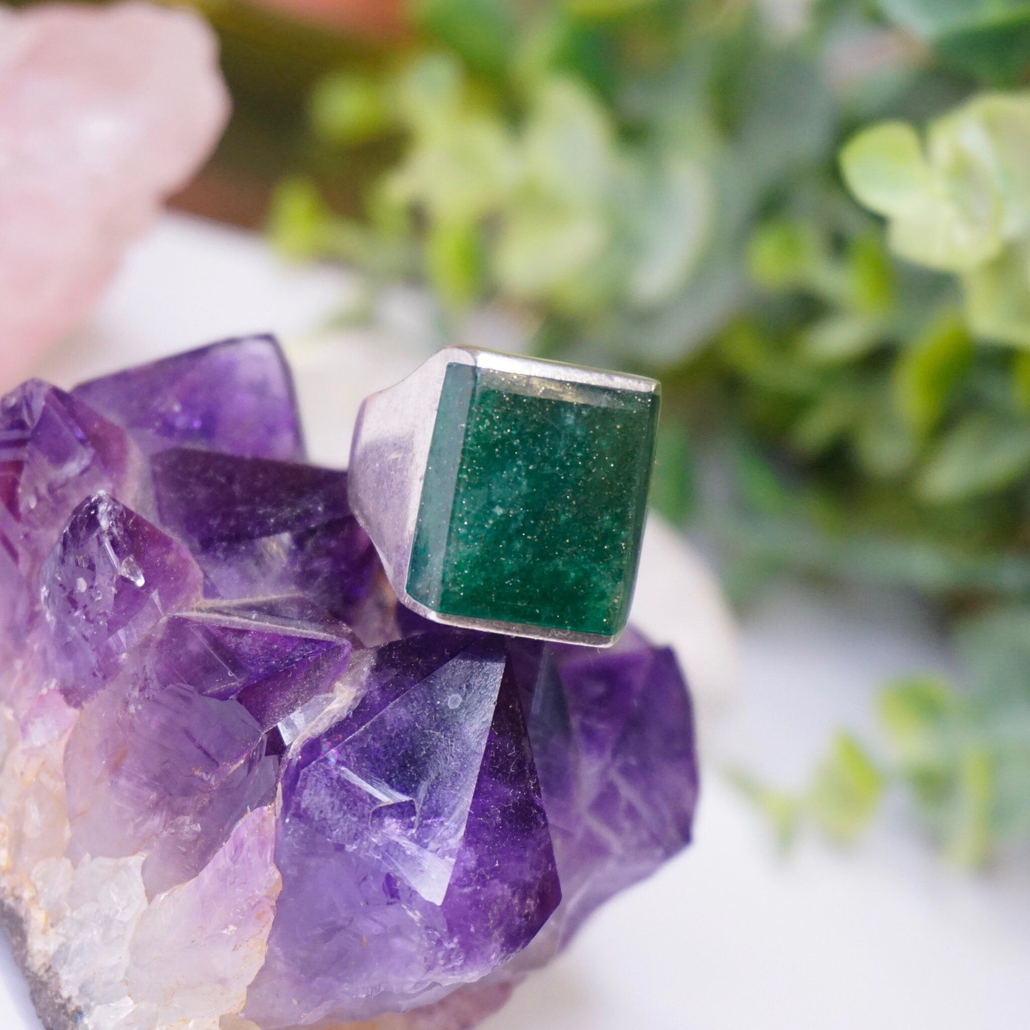 Vintage Sterling Silver Green Druzy Quartz Ring, Square Silver Ring With Finished Druzy Quartz Stone, Silver Ring With Green Stone, Mex925