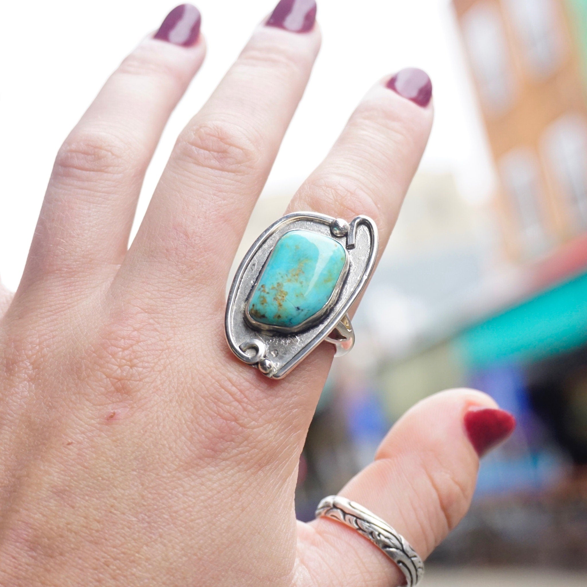 Vintage Turquoise Sterling Silver Ring, Natural Turquoise Ring In Silver Setting, Large Silver Ring With Turquoise, Native American Jewelry
