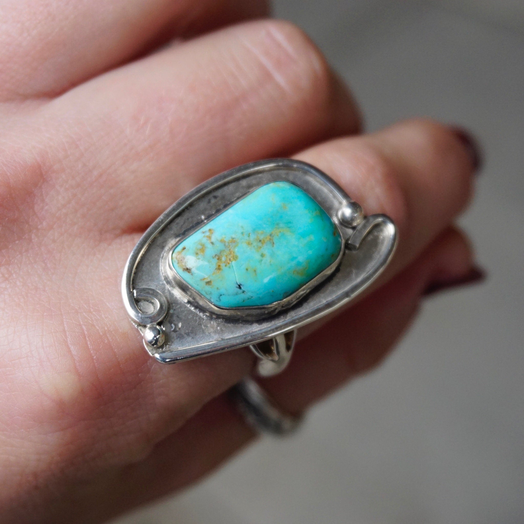 Vintage Turquoise Sterling Silver Ring, Natural Turquoise Ring In Silver Setting, Large Silver Ring With Turquoise, Native American Jewelry