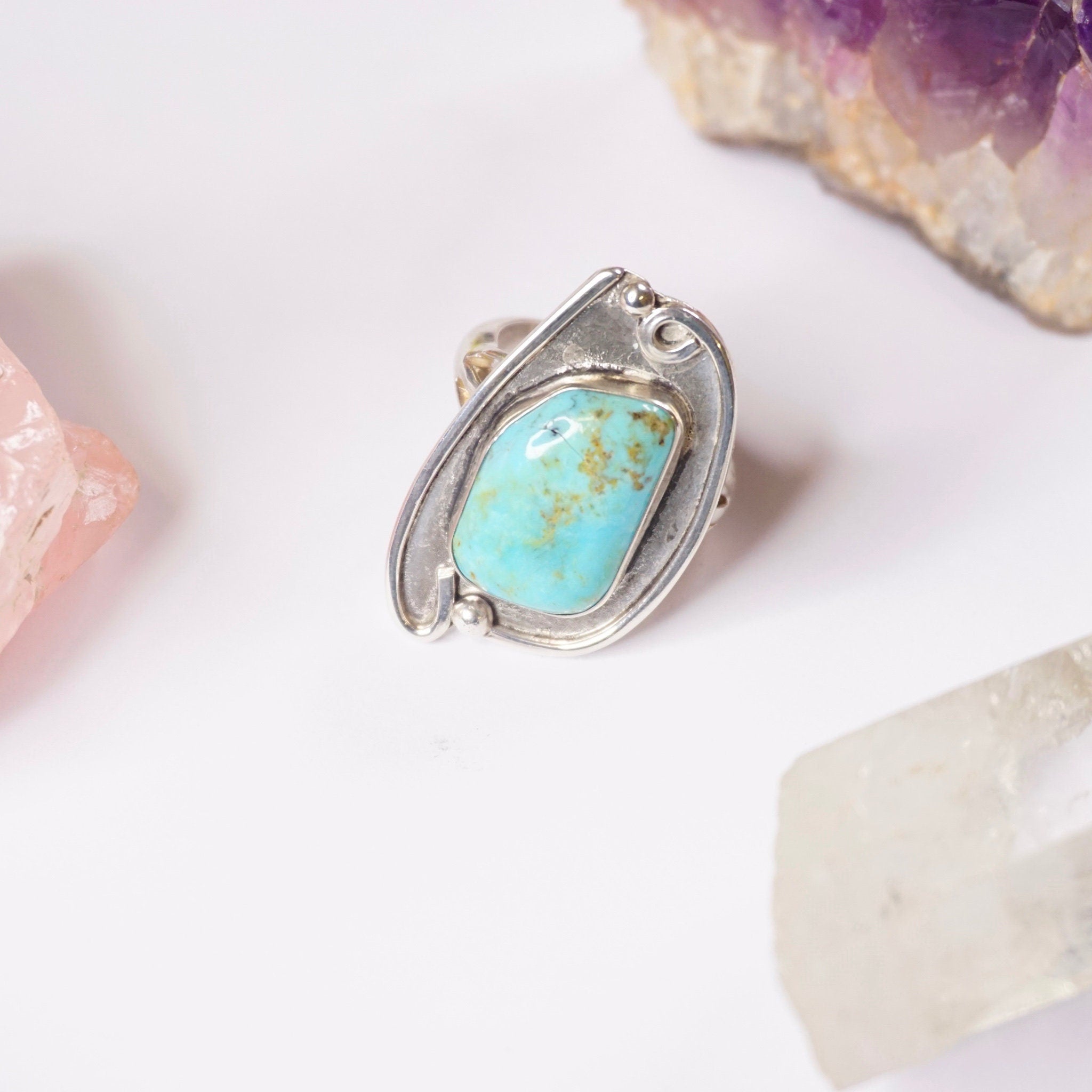 Vintage Turquoise Sterling Silver Ring, Natural Turquoise Ring In Silver Setting, Large Silver Ring With Turquoise, Native American Jewelry
