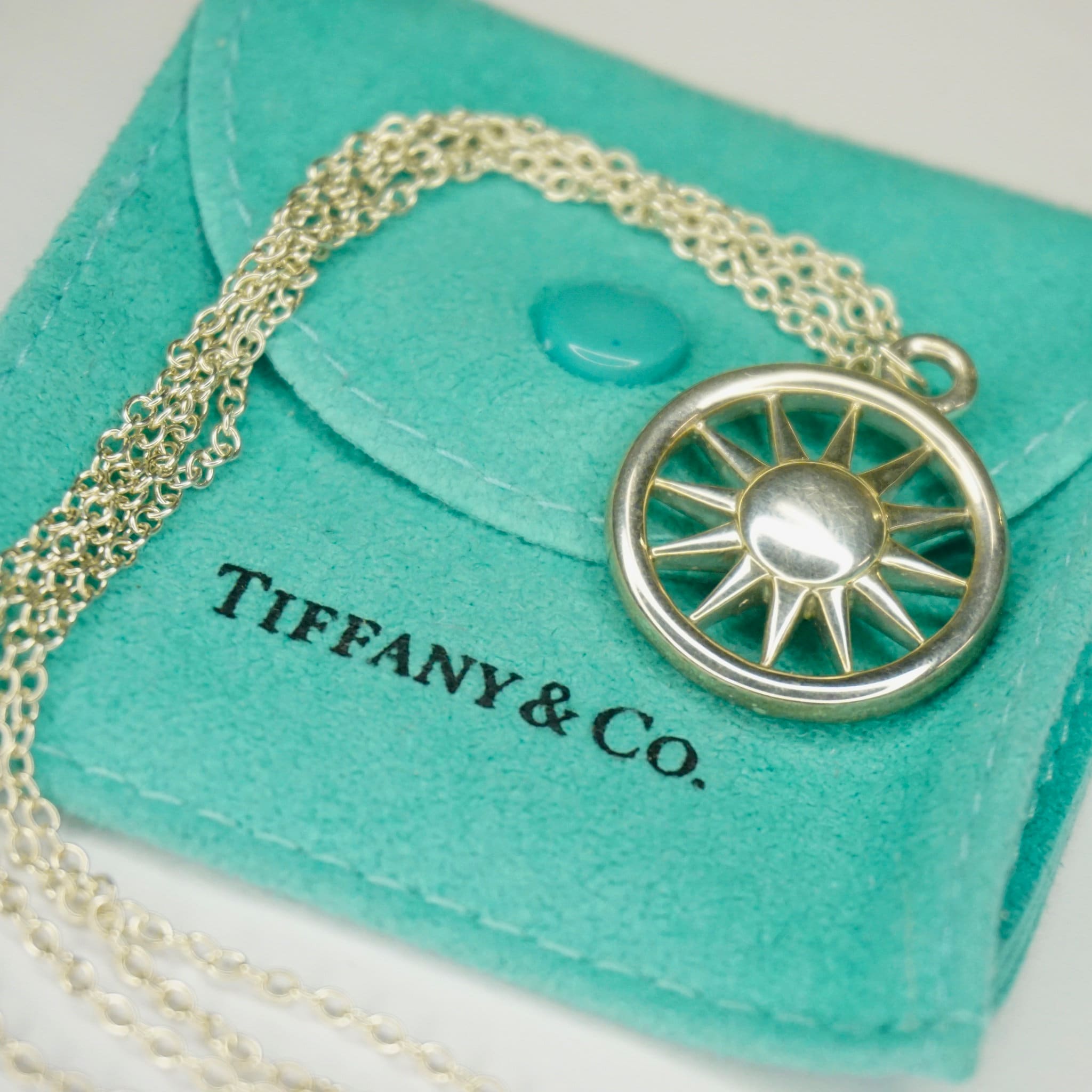 Rare Tiffany & Co. Sterling Silver Sun Pendant Necklace, Double Chain Silver Necklace Sun Circle Pendant, 2003 T and Co. Necklace, 925