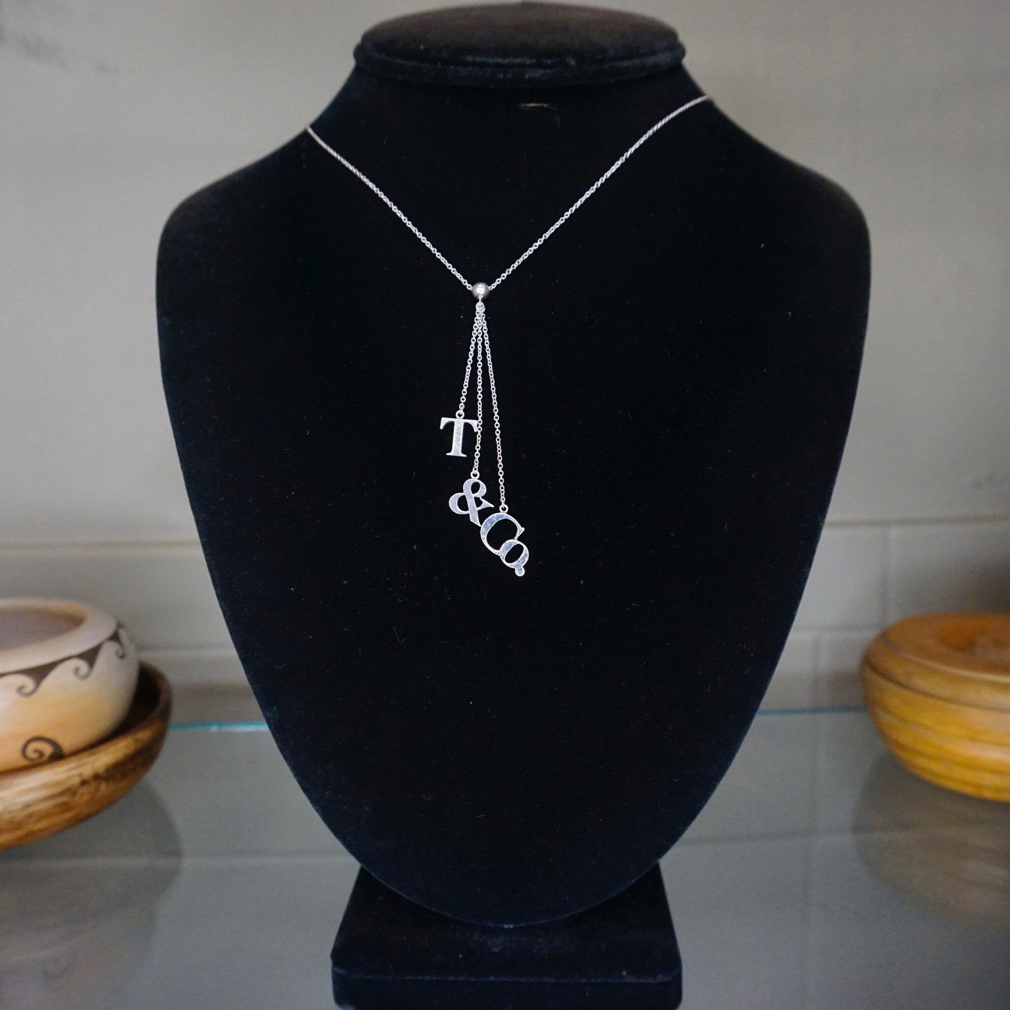 Vintage Tiffany and Co. Sterling Silver T&CO Letters Lariat Necklace, Minimalist Silver Lariat Style Chain Necklace, 925 Jewelry