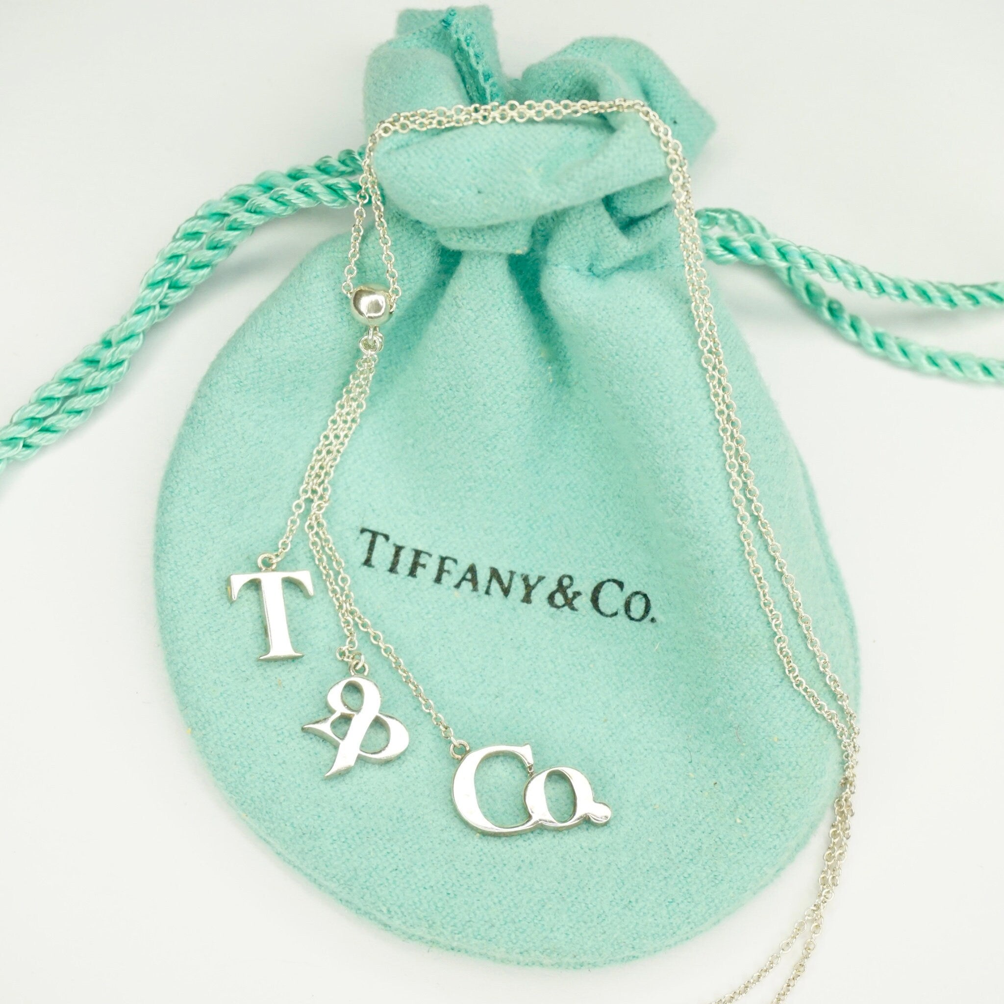 Vintage Tiffany and Co. Sterling Silver T&CO Letters Lariat Necklace, Minimalist Silver Lariat Style Chain Necklace, 925 Jewelry