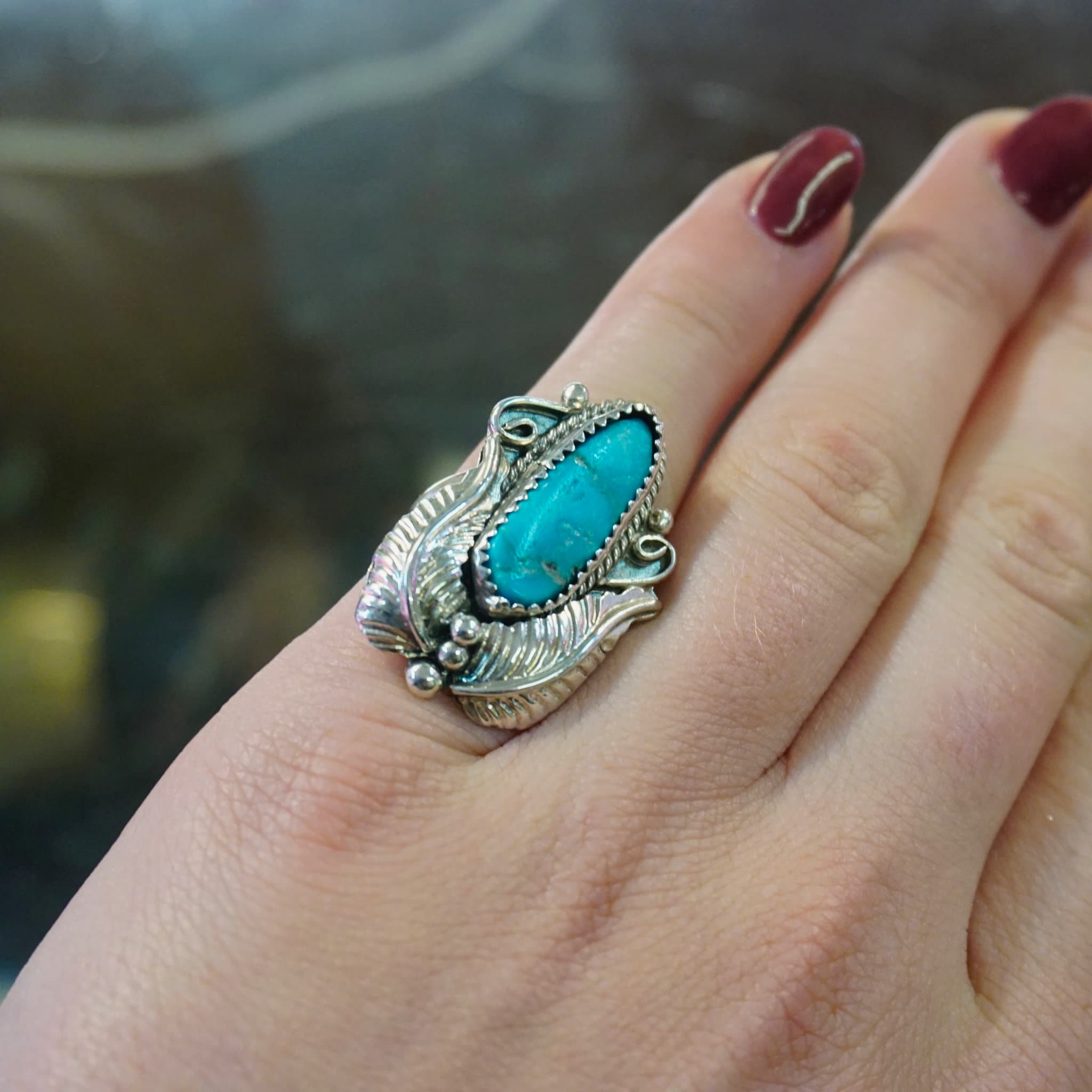 Vintage Turquoise Sterling Silver Feather Ring, Native American Turquoise Ring With Silver Embellishments, Light Blue Turquoise Ring