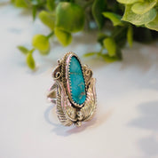 Vintage Turquoise Sterling Silver Feather Ring, Native American Turquoise Ring With Silver Embellishments, Light Blue Turquoise Ring