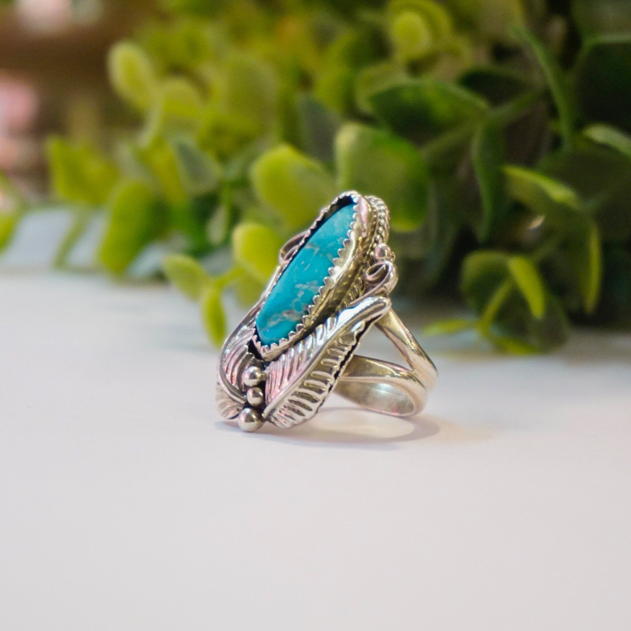 Vintage Turquoise Sterling Silver Feather Ring, Native American Turquoise Ring With Silver Embellishments, Light Blue Turquoise Ring