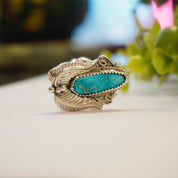 Vintage Turquoise Sterling Silver Feather Ring, Native American Turquoise Ring With Silver Embellishments, Light Blue Turquoise Ring