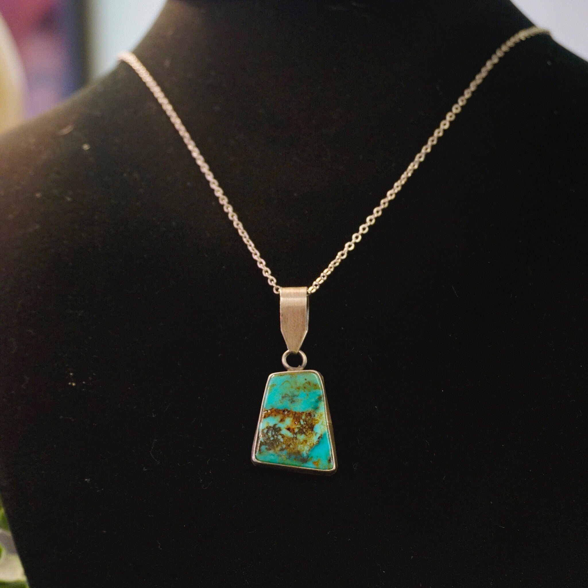 Vintage Sterling Silver Turquoise Necklace, Turquoise Pendant With Silver Link Chain, Natural Turquoise Necklace, 925 Jewelry