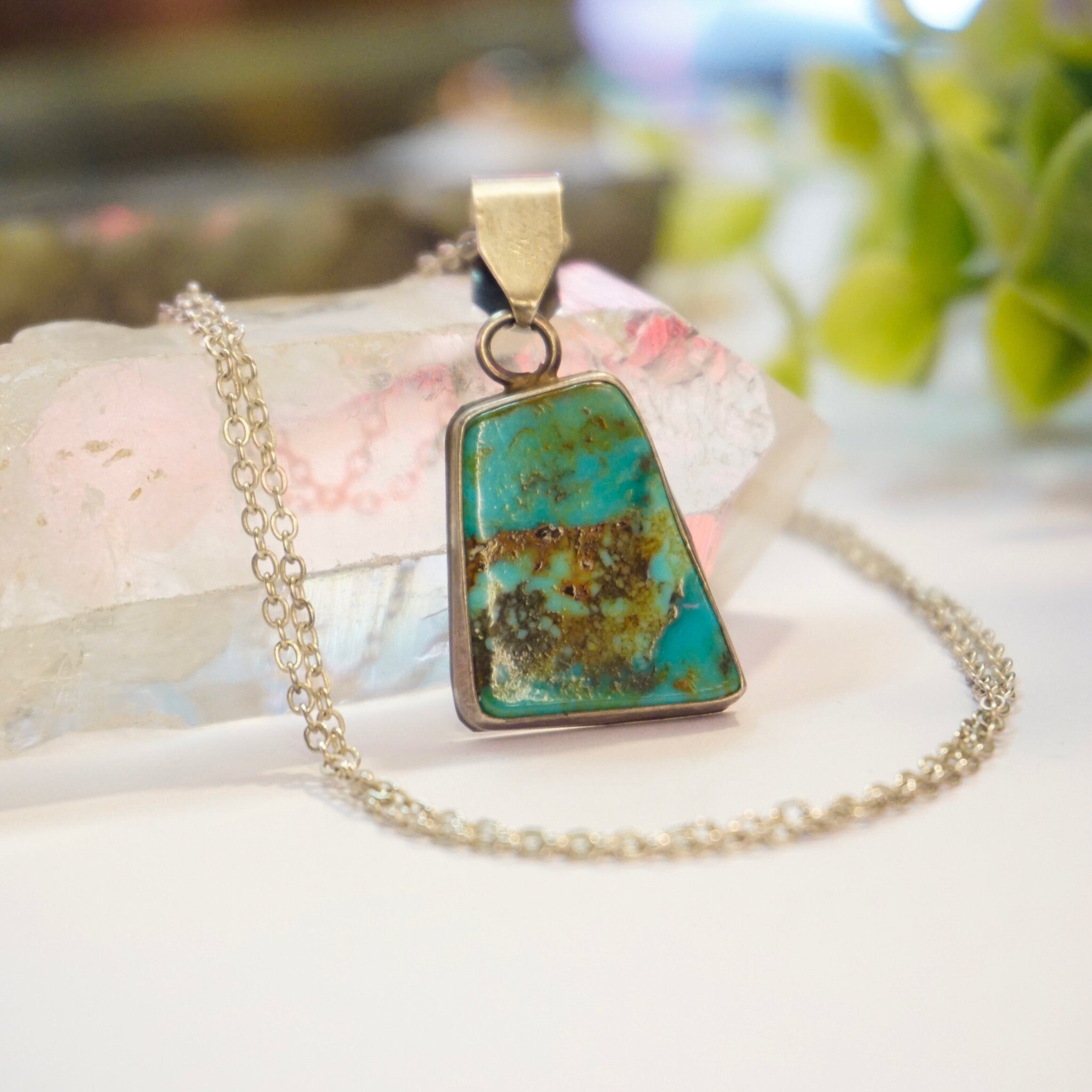 Vintage Sterling Silver Turquoise Necklace, Turquoise Pendant With Silver Link Chain, Natural Turquoise Necklace, 925 Jewelry