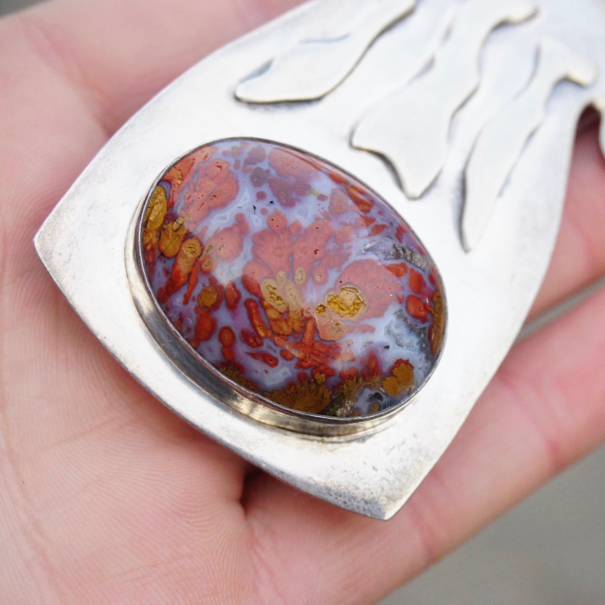 Vintage Silver Belt Buckle With Lace Agate Stone, Abstract Silver Belt Buckle With Large Orange and Purple Stone, Silver Belt Buckle, 925