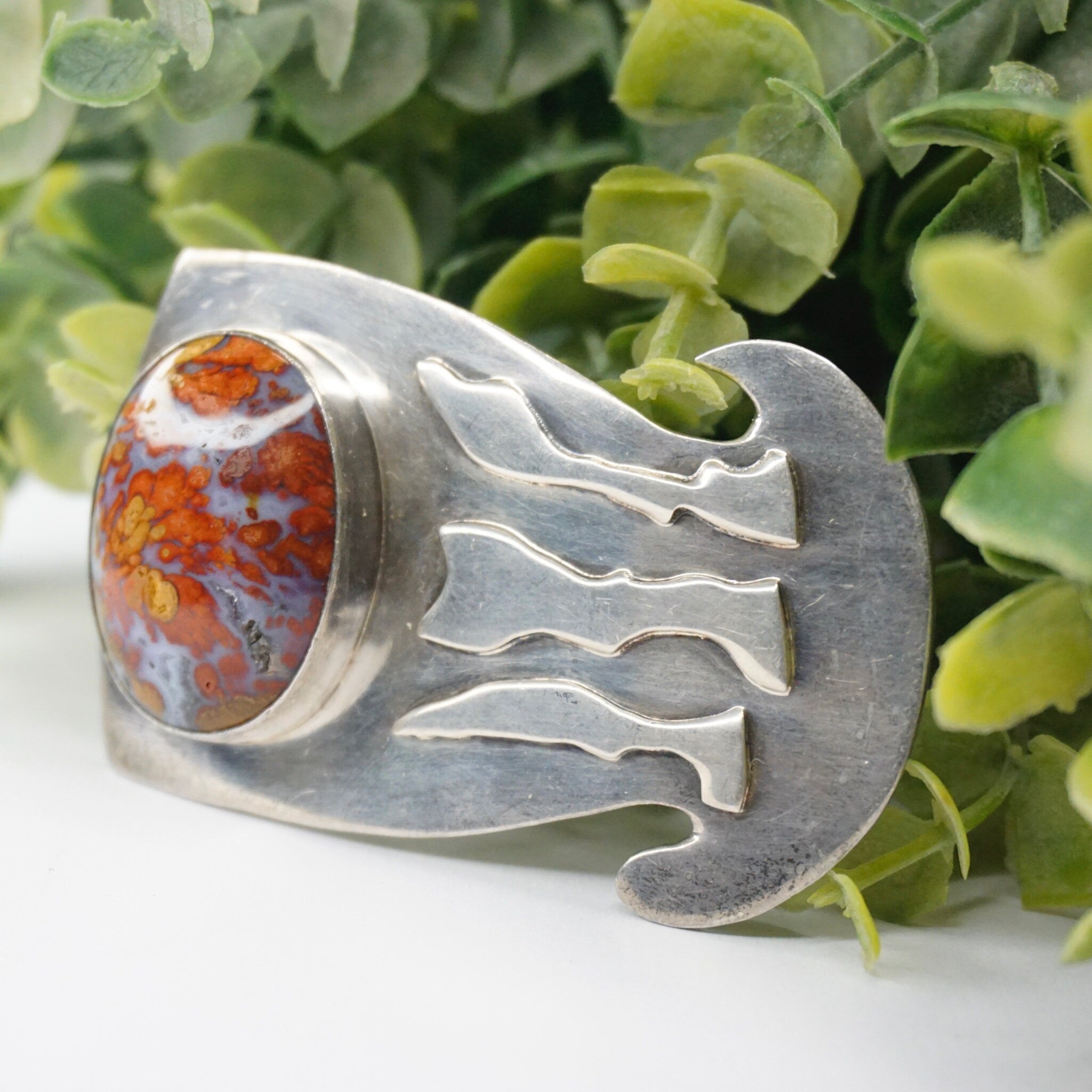 Vintage Silver Belt Buckle With Lace Agate Stone, Abstract Silver Belt Buckle With Large Orange and Purple Stone, Silver Belt Buckle, 925