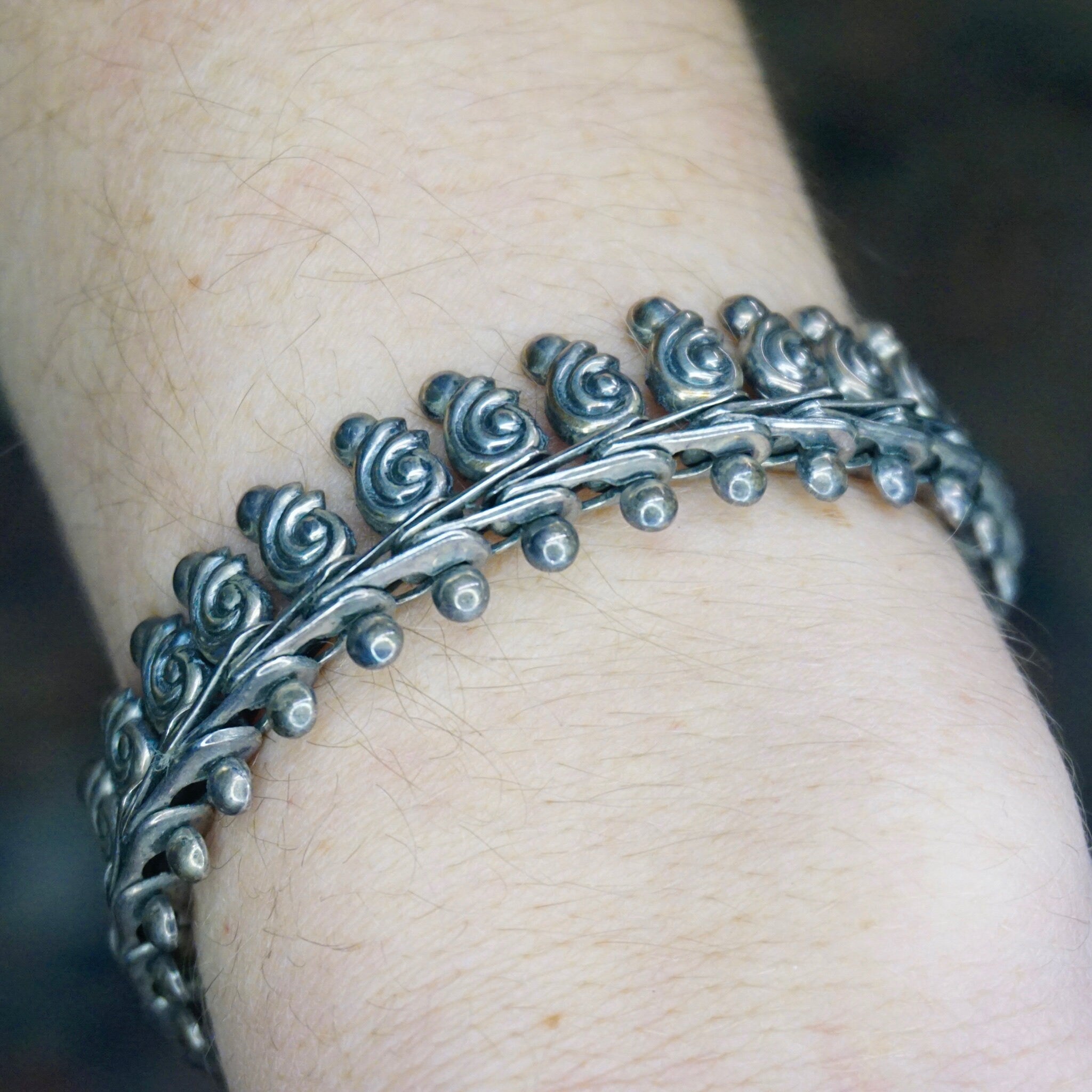 Vintage Sterling Silver Link Bracelet, Nouveau Style Bracelet With Silver Swirls, Unique Silver Bracelet With Abstract Embellishments, 925