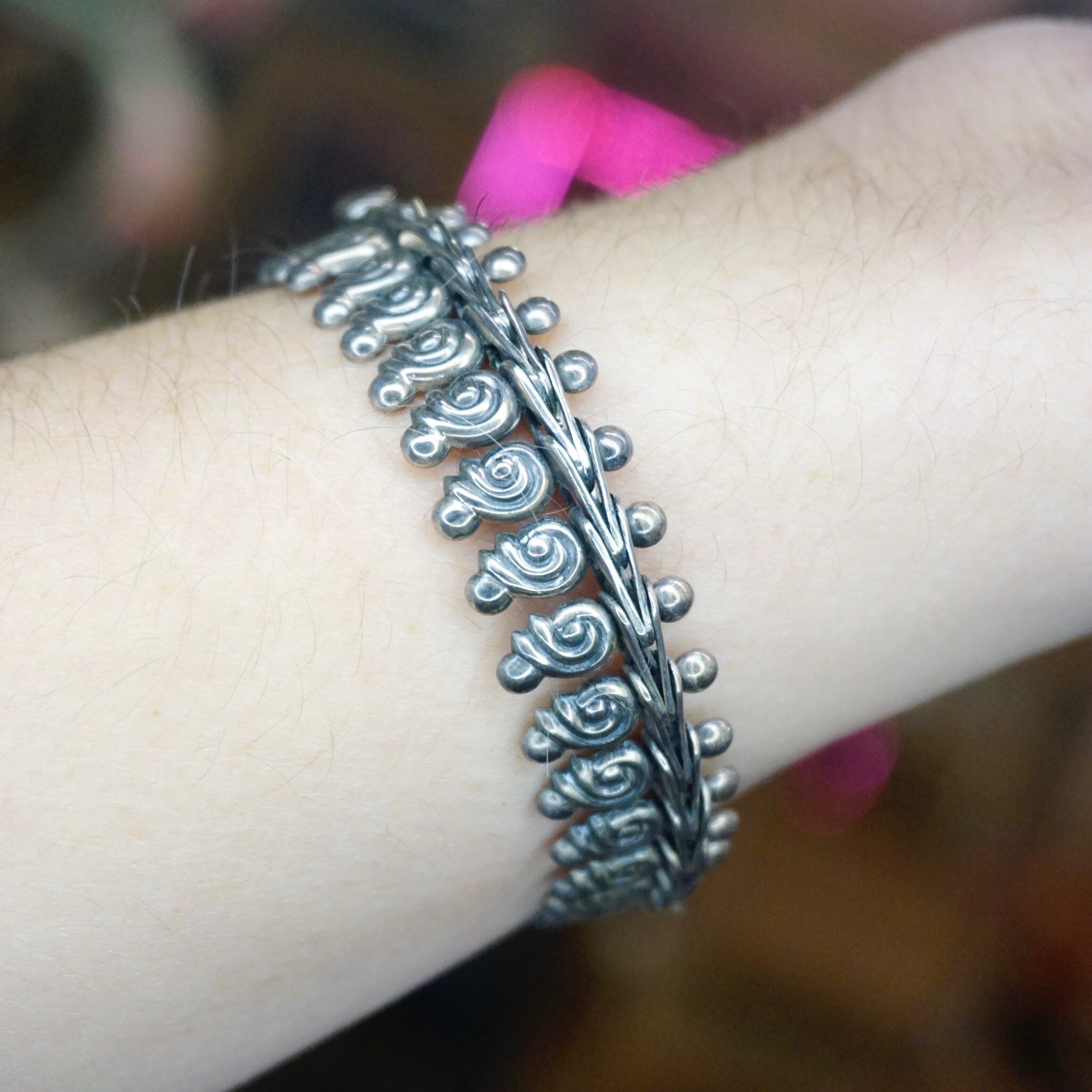Vintage Sterling Silver Link Bracelet, Nouveau Style Bracelet With Silver Swirls, Unique Silver Bracelet With Abstract Embellishments, 925