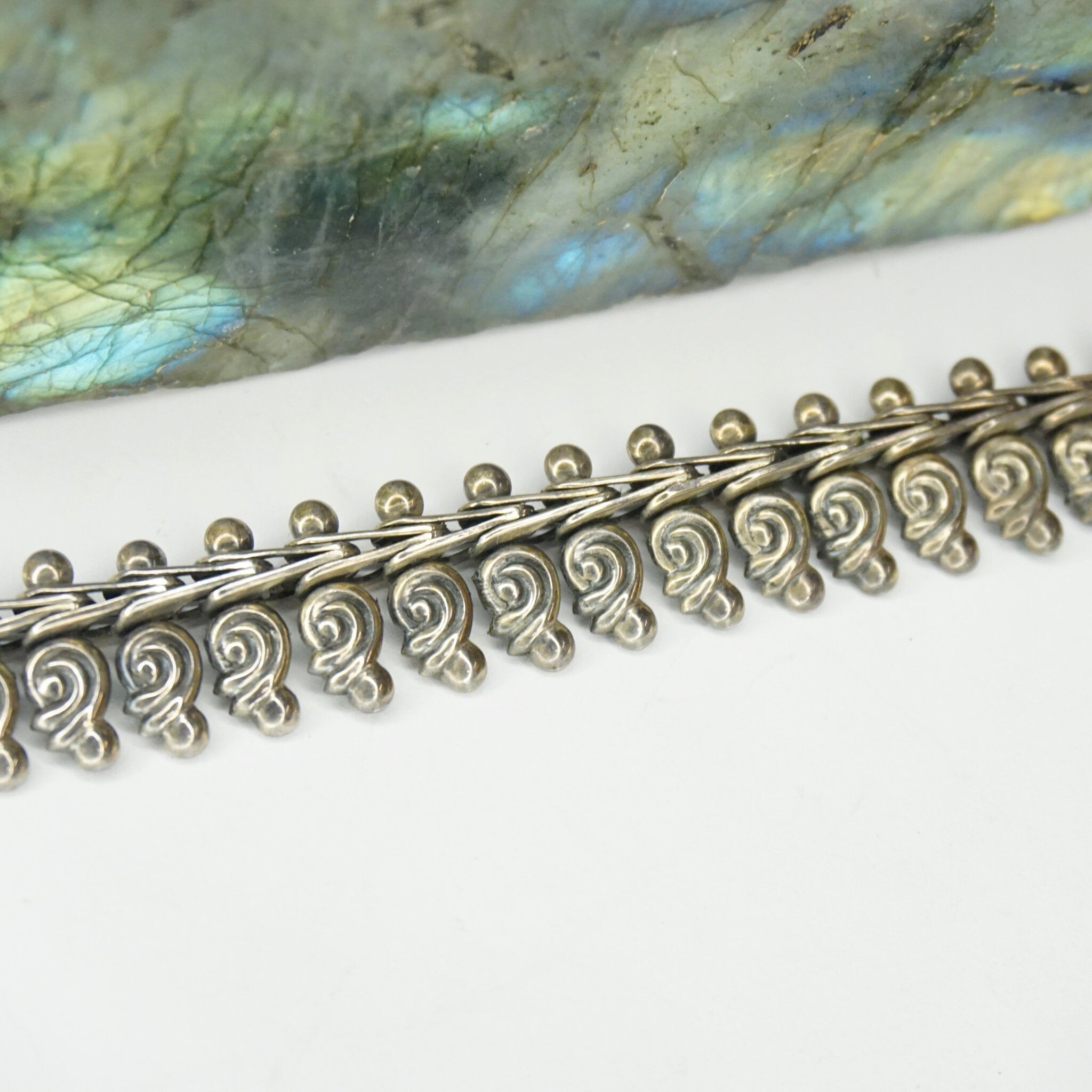 Vintage Sterling Silver Link Bracelet, Nouveau Style Bracelet With Silver Swirls, Unique Silver Bracelet With Abstract Embellishments, 925