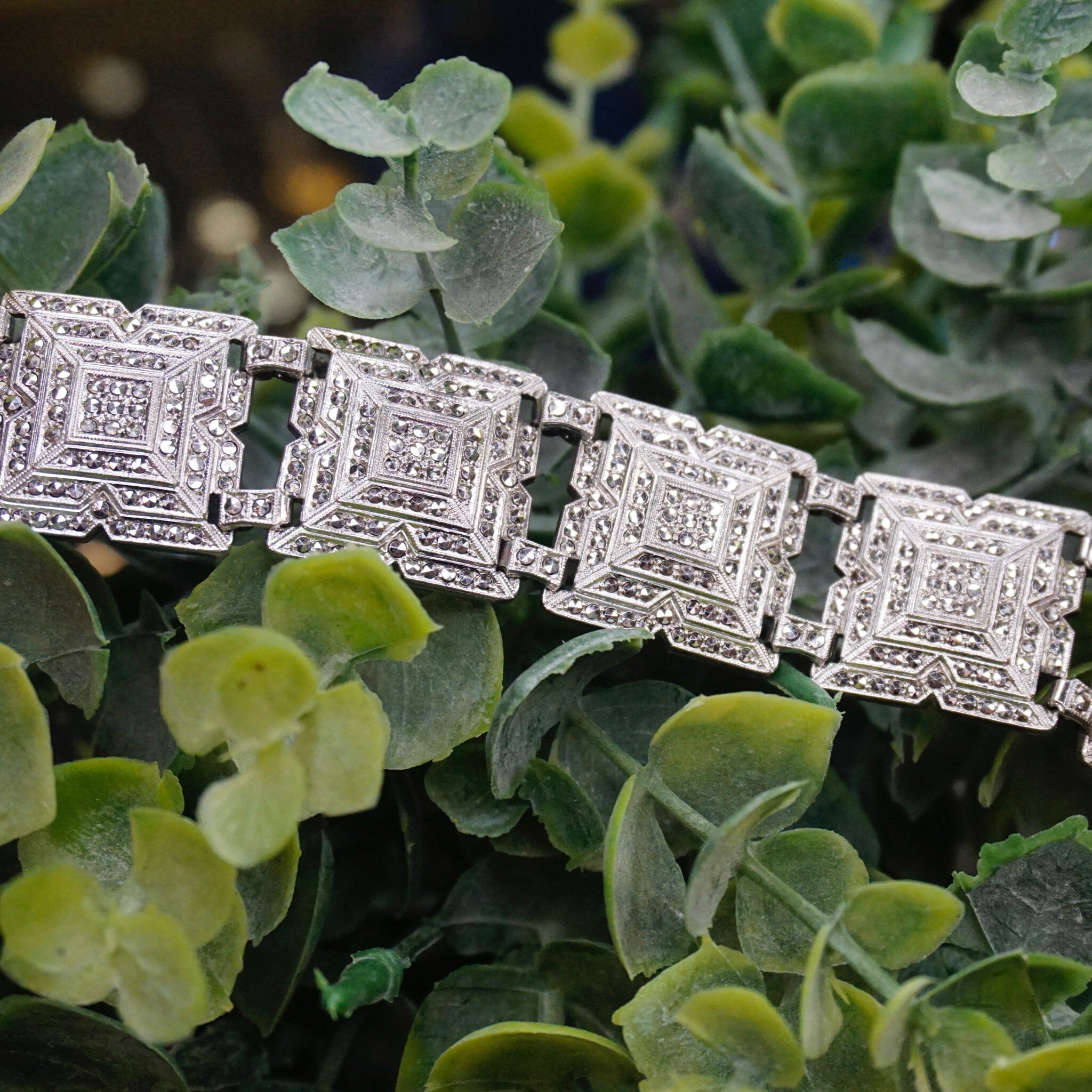 Vintage BK Sterling Silver Marcasite Bracelet, Art Deco Silver Square Panel Bracelet, Marcasite Crusted Sterling Bracelet, BK Sterling, 925