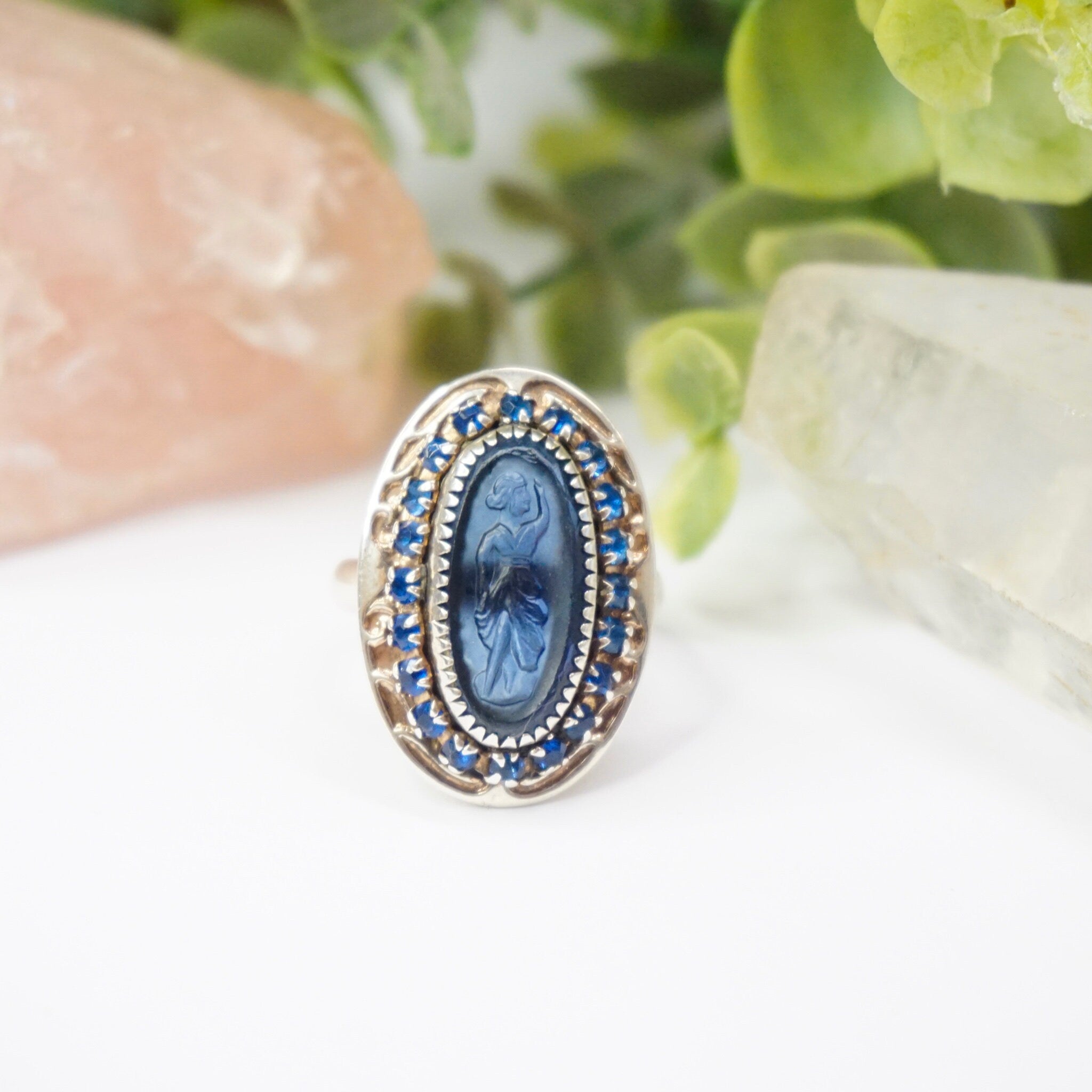 Vintage Sterling Silver Cameo Ring With Blue Stones, Unique Blue Cameo With Silver Setting and Sapphire Stones, 925 Jewelry