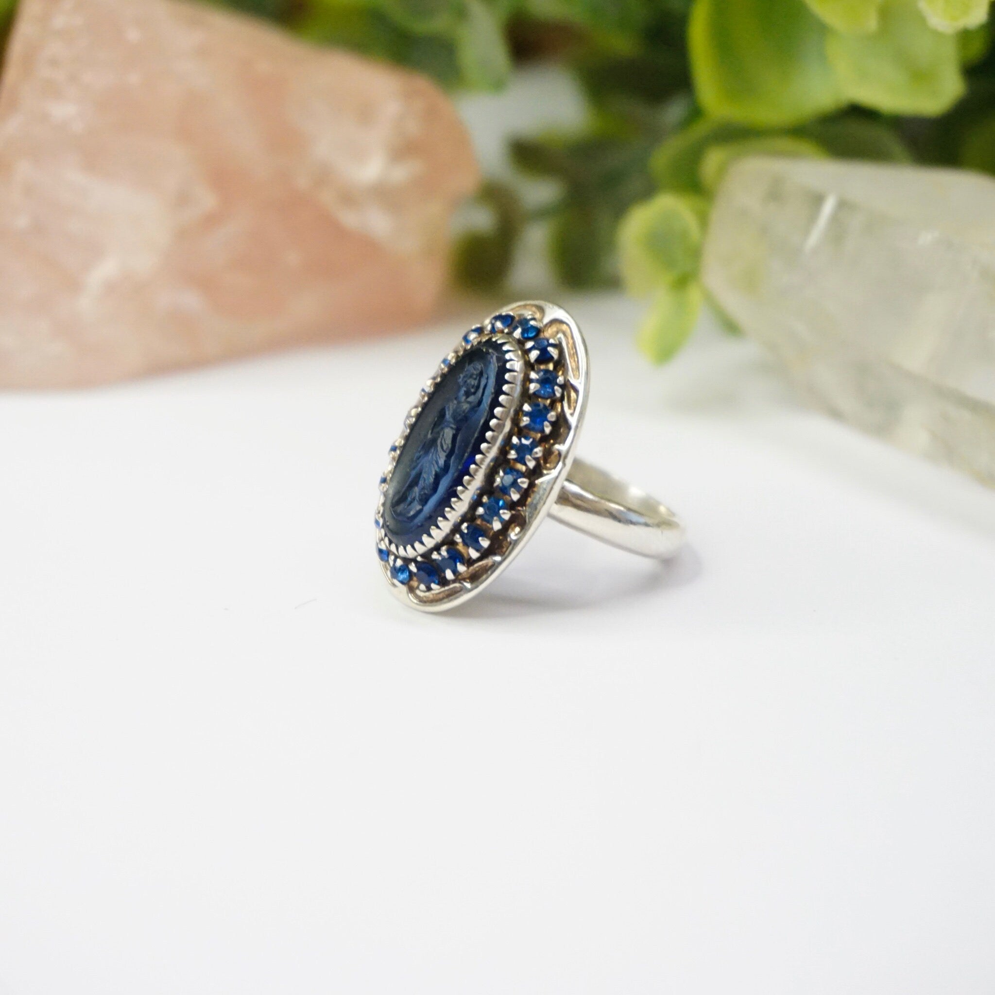 Vintage Sterling Silver Cameo Ring With Blue Stones, Unique Blue Cameo With Silver Setting and Sapphire Stones, 925 Jewelry