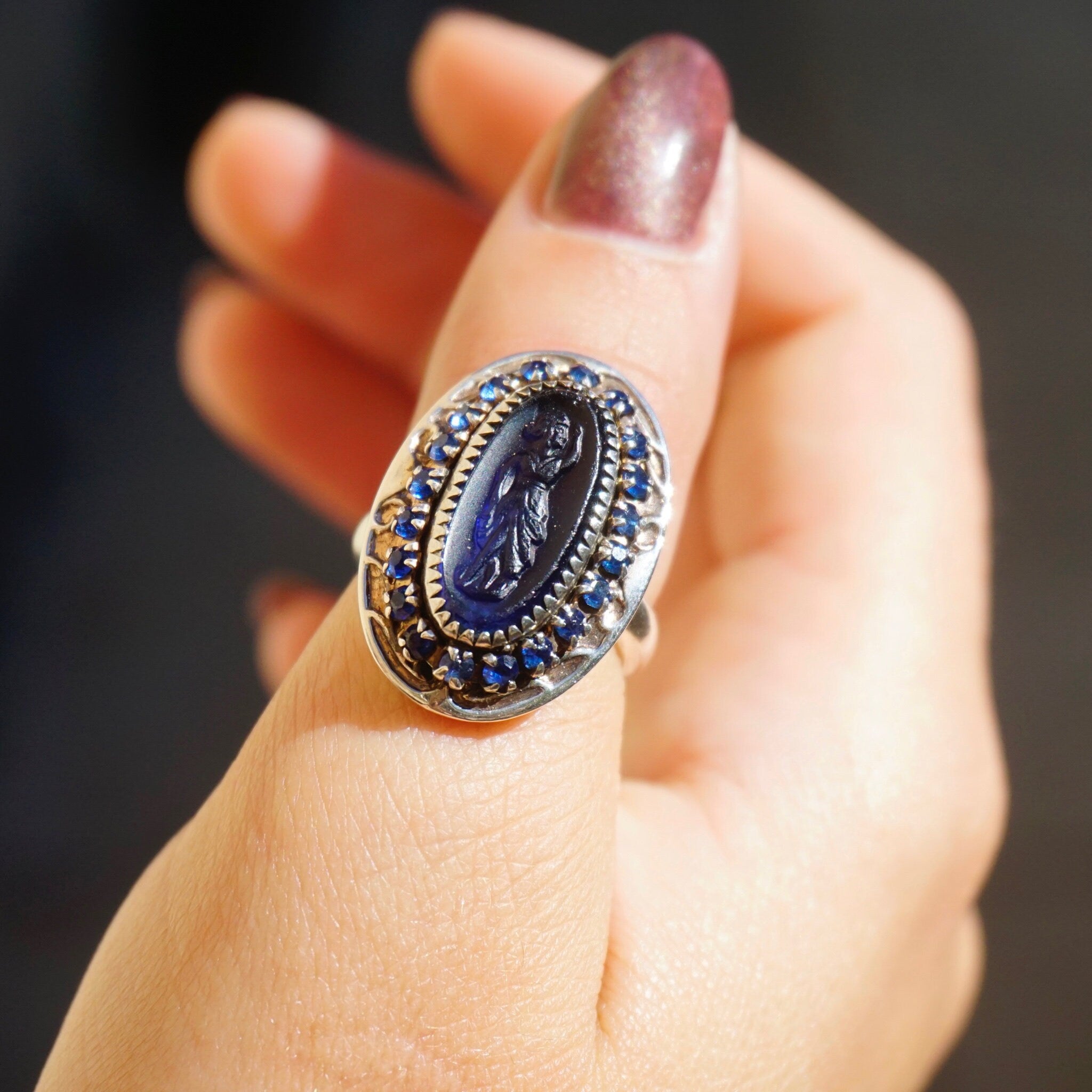 Vintage Sterling Silver Cameo Ring With Blue Stones, Unique Blue Cameo With Silver Setting and Sapphire Stones, 925 Jewelry