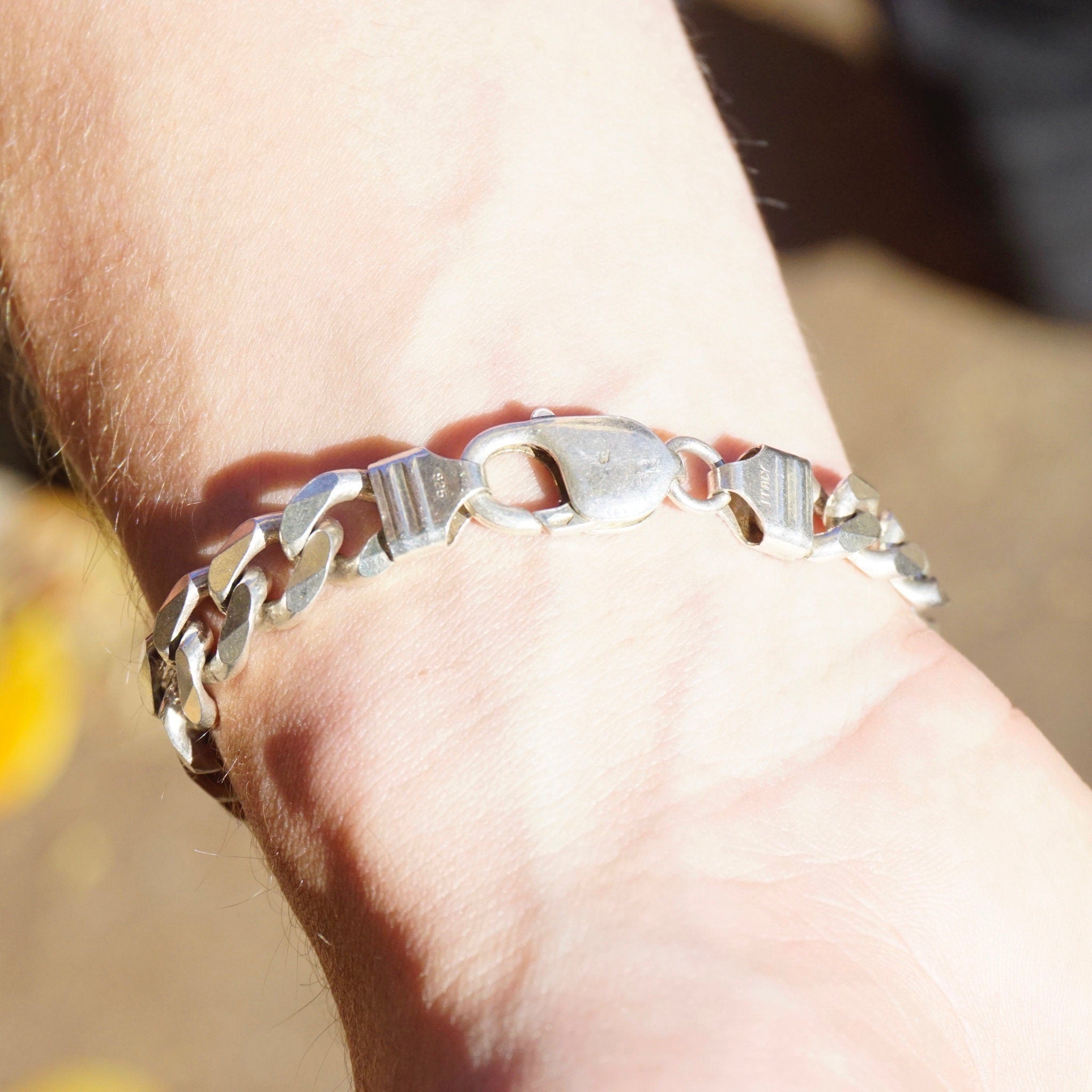 Vintage Sterling Silver Cuban Link Bracelet, Flat Curb Link Silver Bracelet, Solid Silver Bracelet Made In Italy, Large Men's Bracelet, 925
