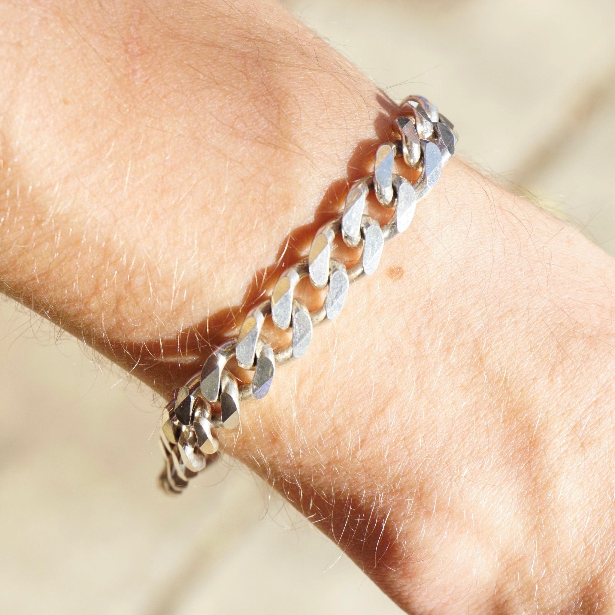 Vintage Sterling Silver Cuban Link Bracelet, Flat Curb Link Silver Bracelet, Solid Silver Bracelet Made In Italy, Large Men's Bracelet, 925