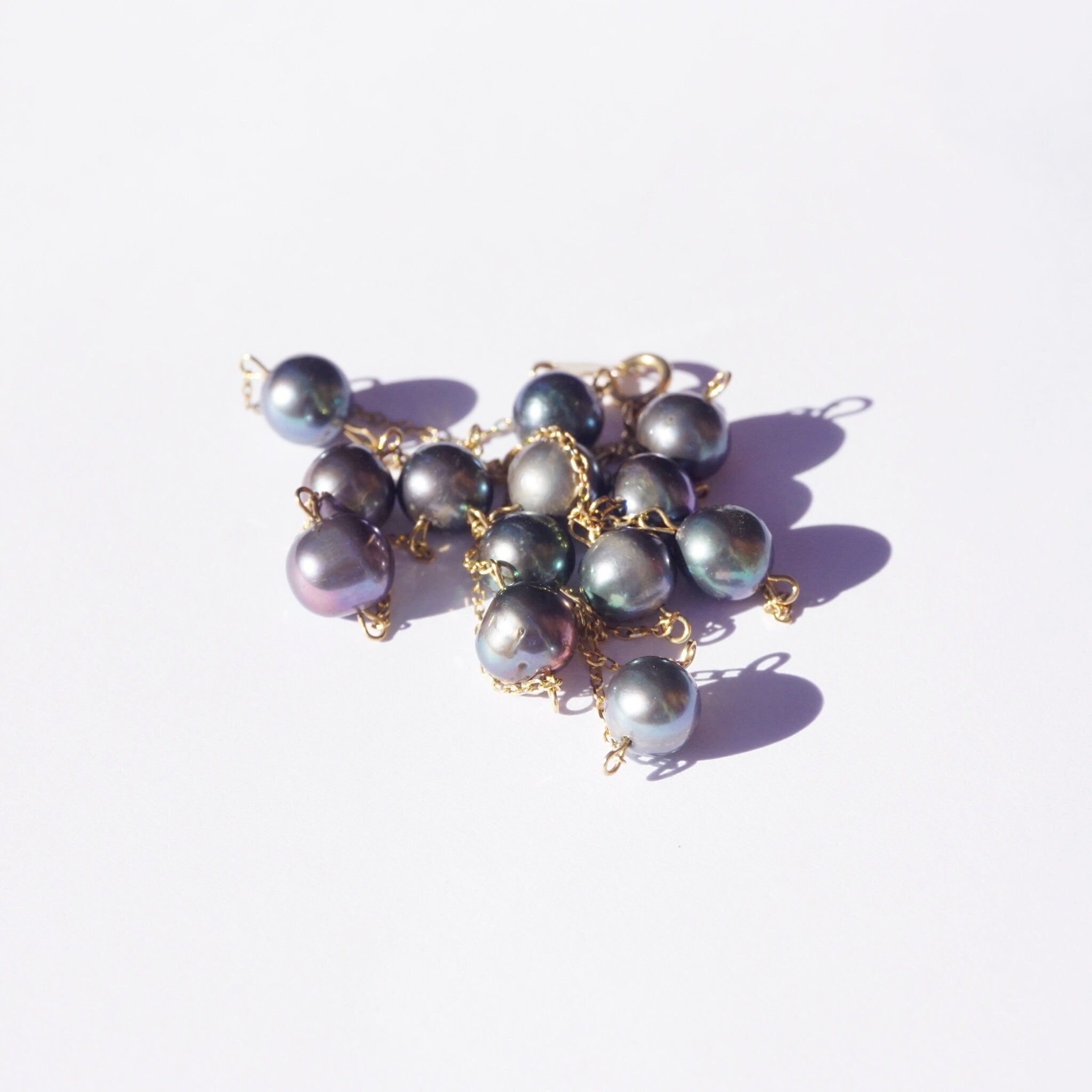 Vintage 10K Gold Tahitian Pearl Station Necklace, Pretty Black Pearl Choker With Gold Chain Links, Classic Gold and Pearl Necklace, JCM 10K